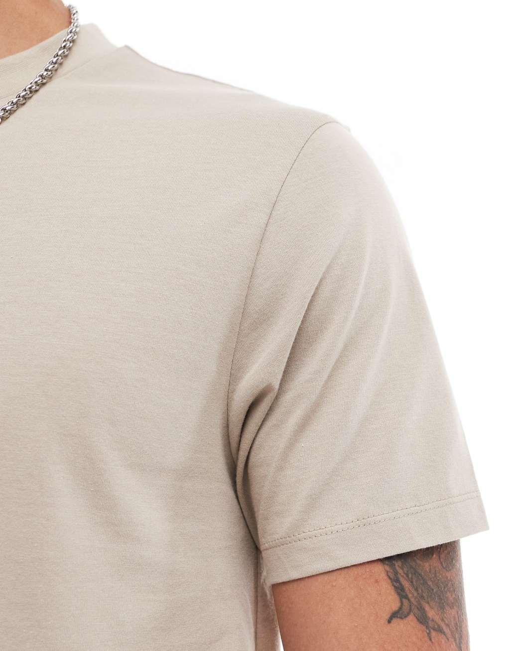 ASOS DESIGN 2 pack crew neck T-shirts in beige and khaki Product Image