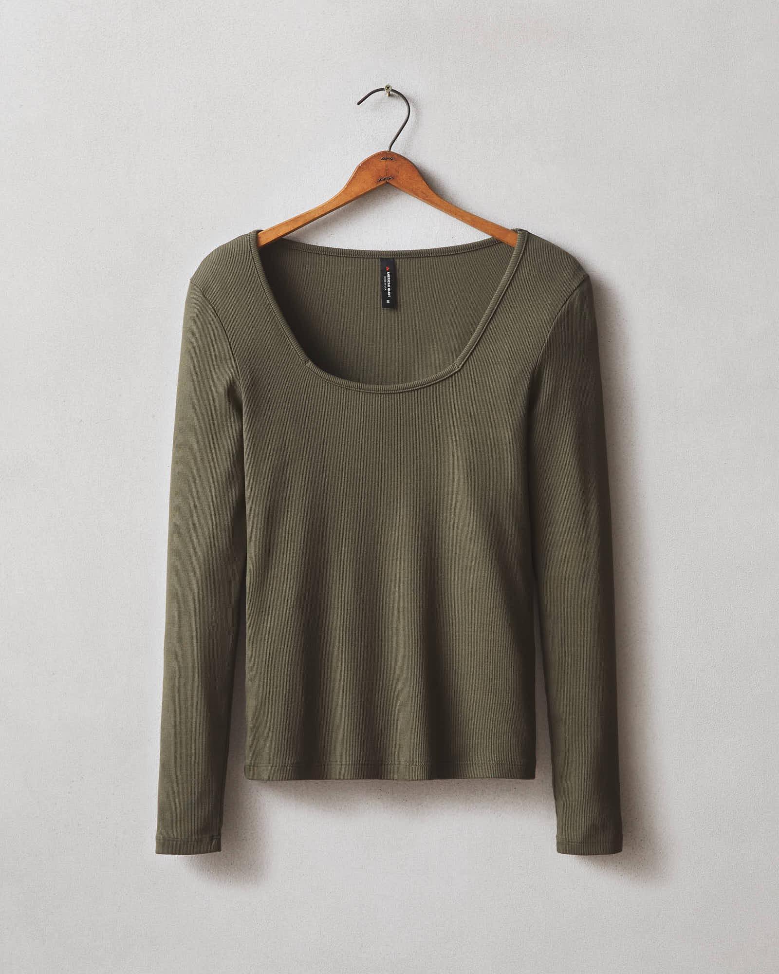 Women's Stretch Rib Square Neck Long Sleeve - Deep Olive Female Product Image