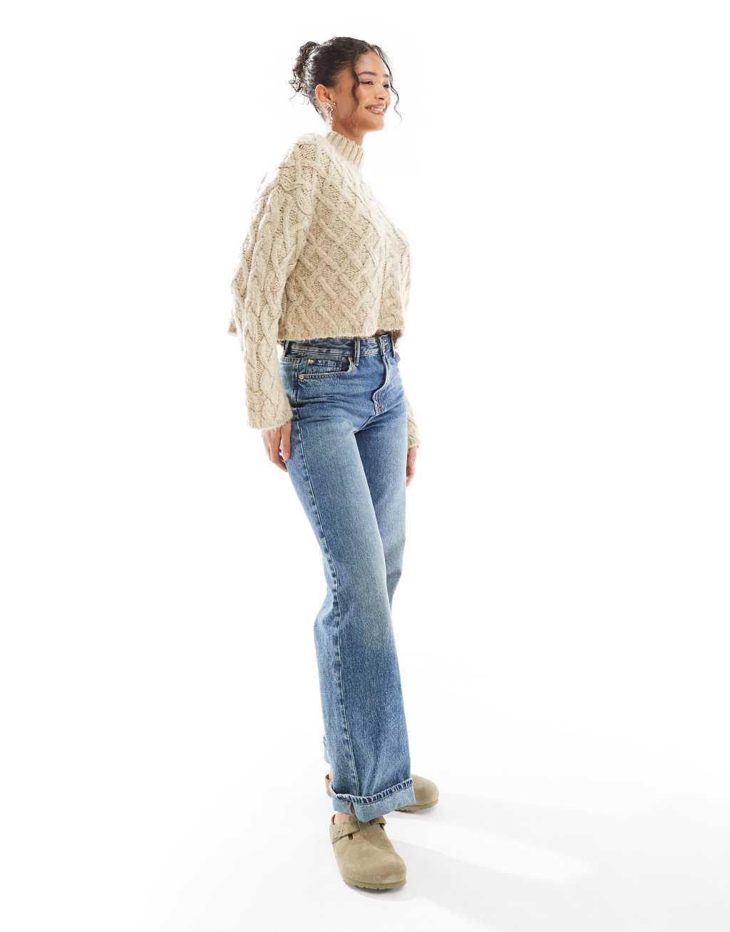 Bershka high neck chunky sweater in sand Product Image