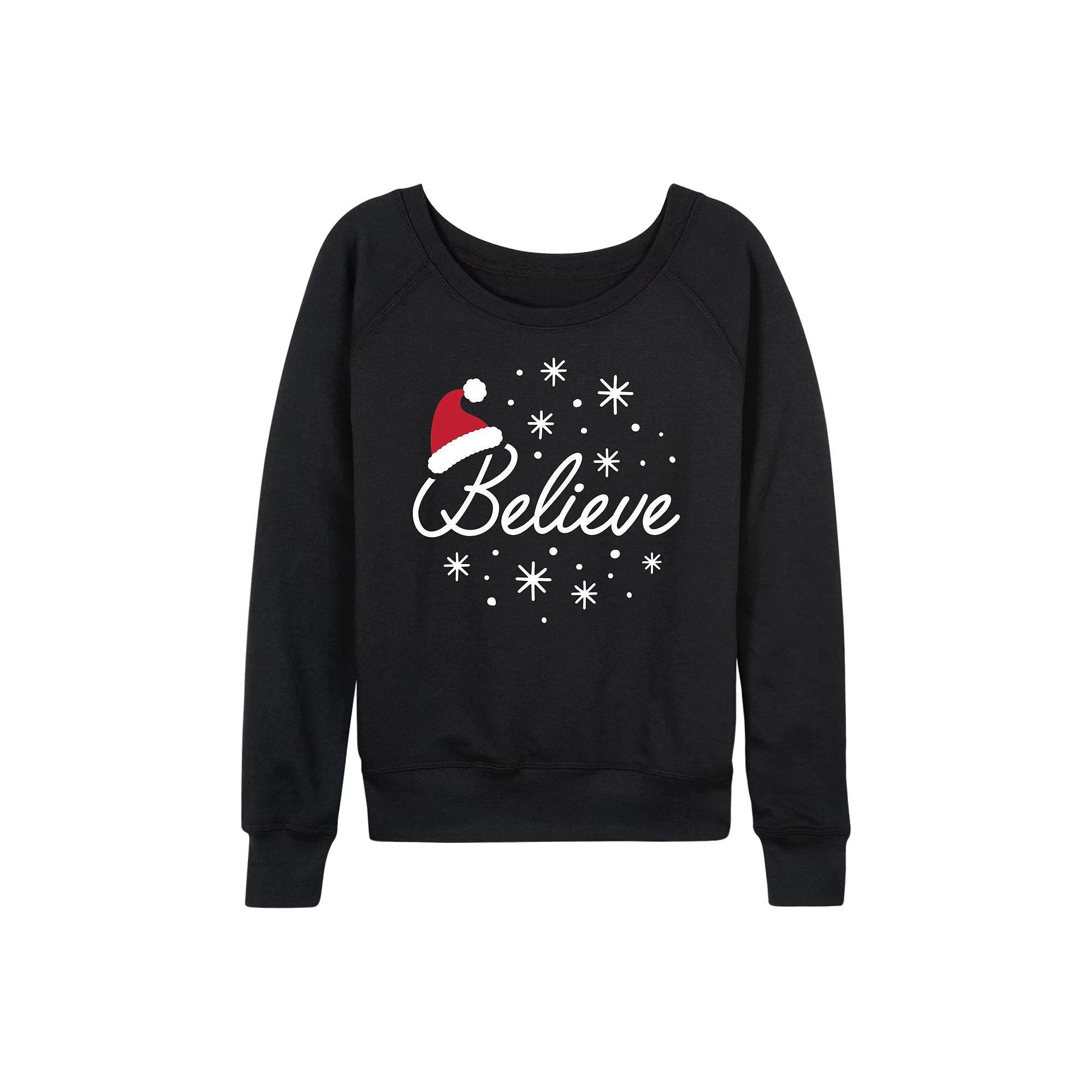 Women's Believe With Santa Hat French Terry Long Sleeve Tee, Size: Medium, Black Product Image