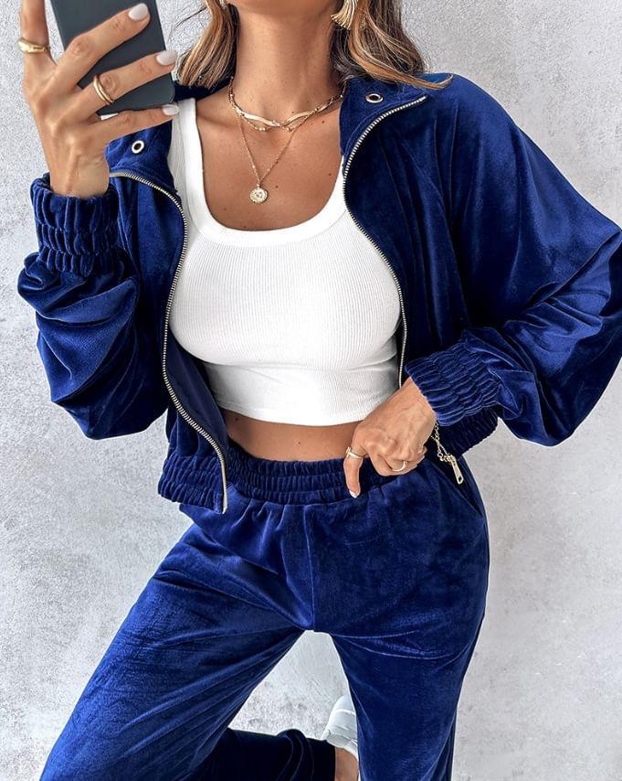 Set: Stand Collar Plain Zip-Up Velvet Crop Jacket + High Waist Harem Pants Product Image