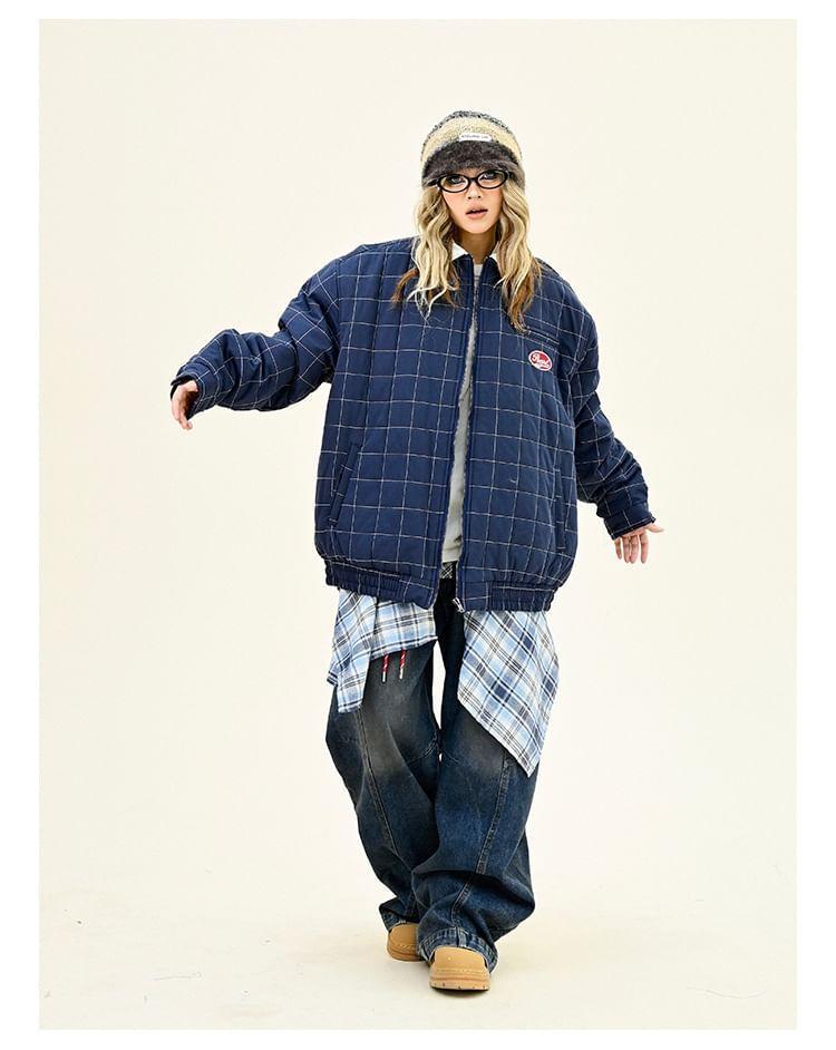 Collared Plaid Zip Up Puffer Bomber Jacket Product Image