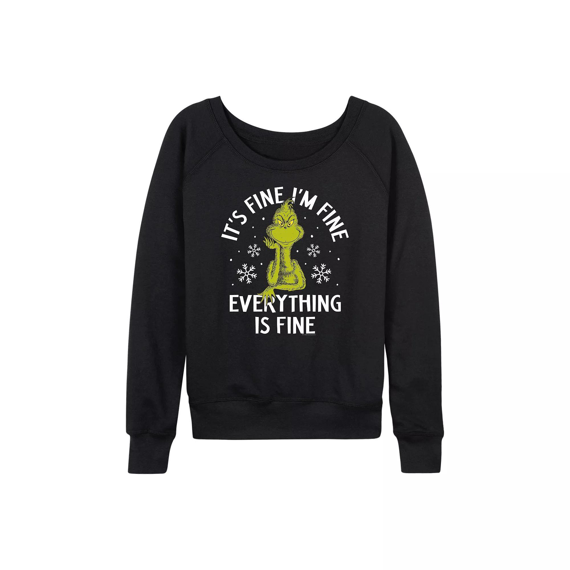 Women's Dr. Seuss Grinch It's Fine I'm Fine French Terry Long Sleeve Tee, Size: Large, Black Product Image