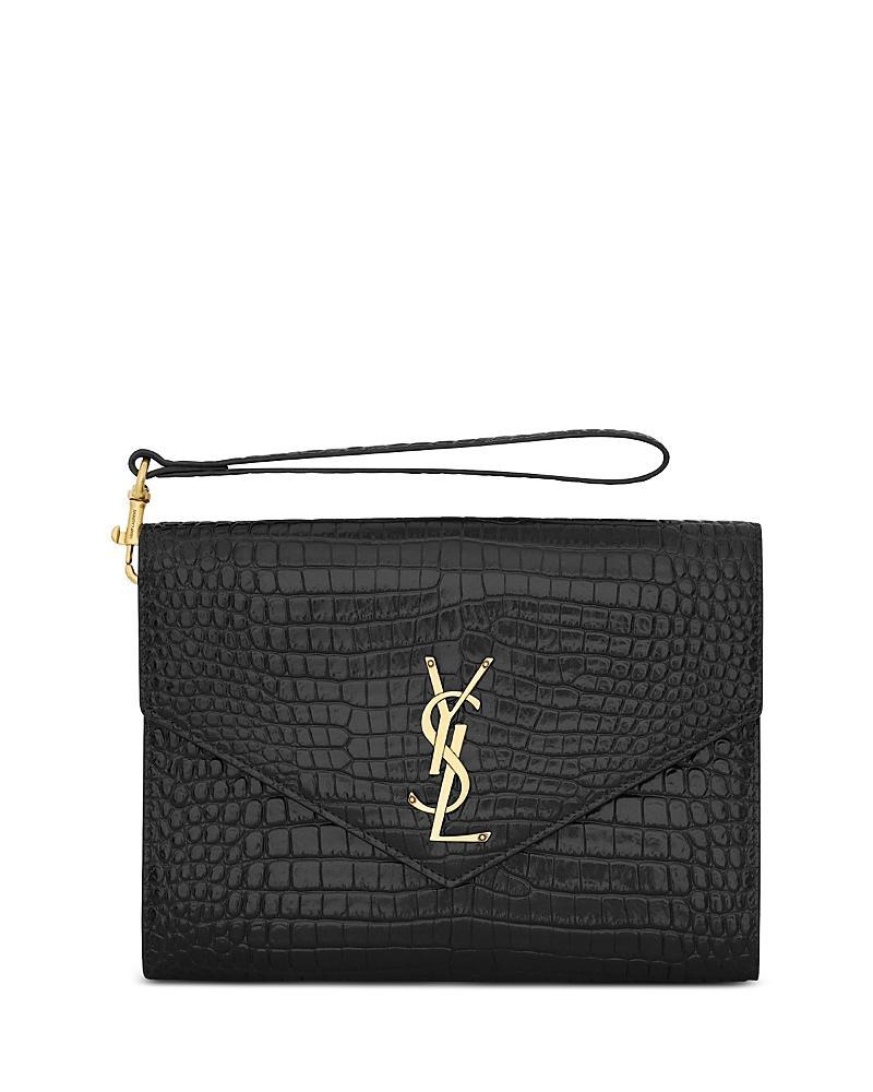 Saint Laurent Monogram Croc Embossed Leather Clutch Product Image