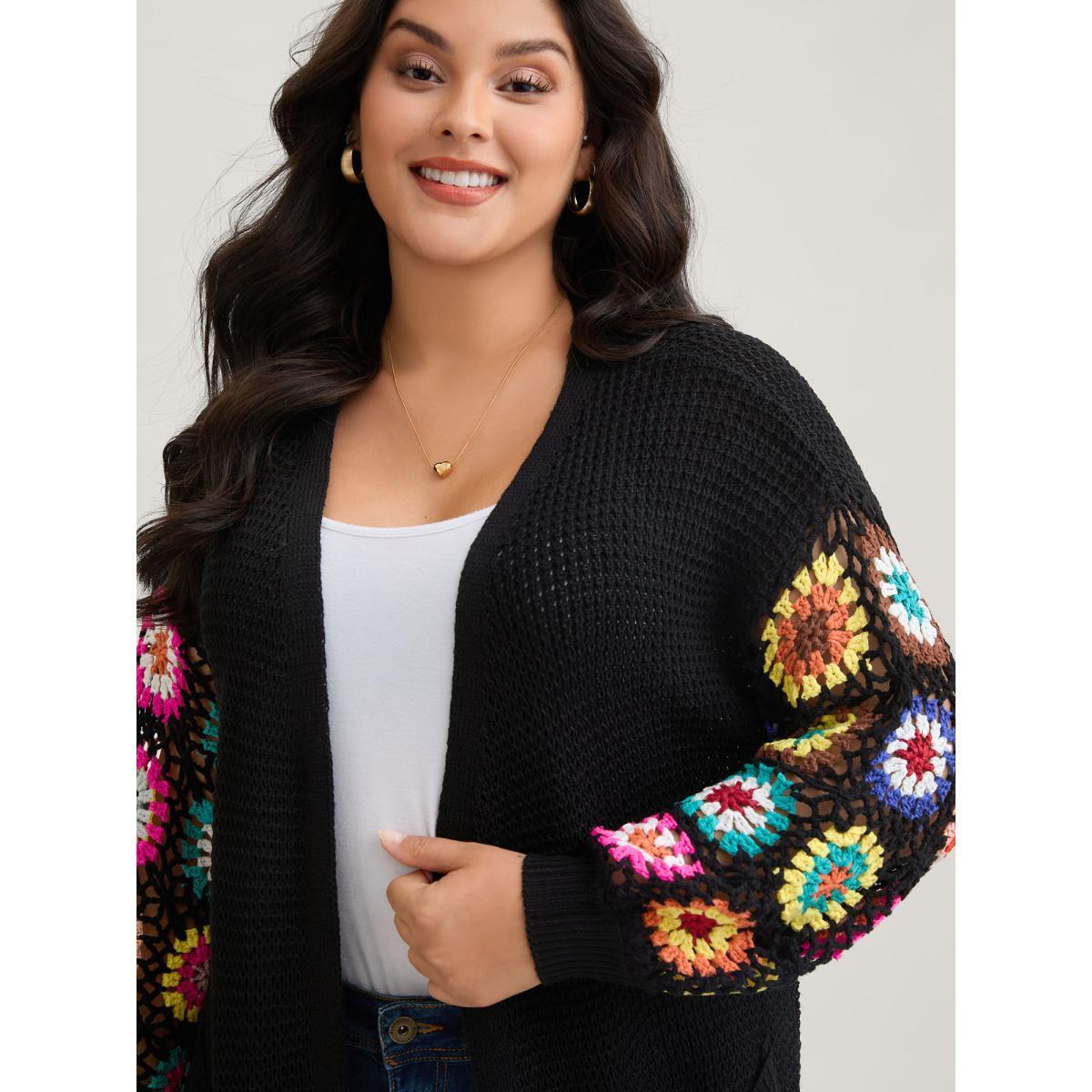 Plus Size Crochet Floral Drop Shoulder Cut Out Cardigan Black Women Resort Loose Long Sleeve Vacation Cardigans BloomChic 12/L Product Image