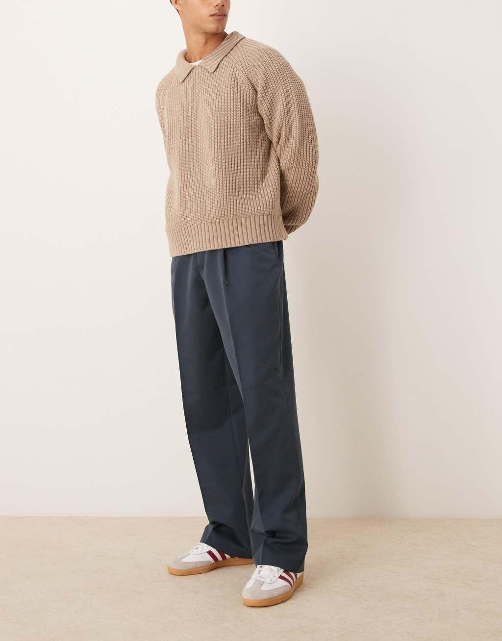 ASOS DESIGN smart wide leg pants with front pleat in dark blue Product Image