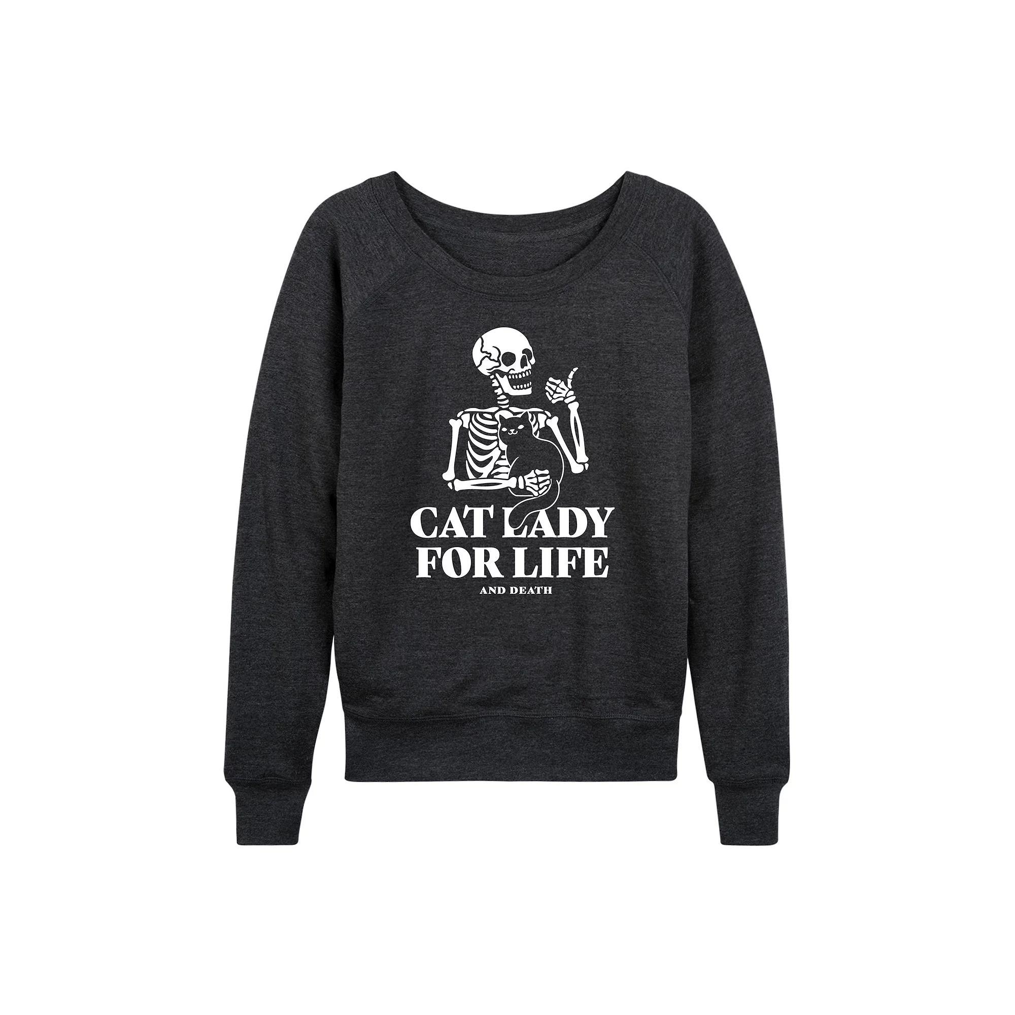 Womens Cat Lady For Life Skeleton French Terry Long Sleeve Tee Grey Blue Product Image