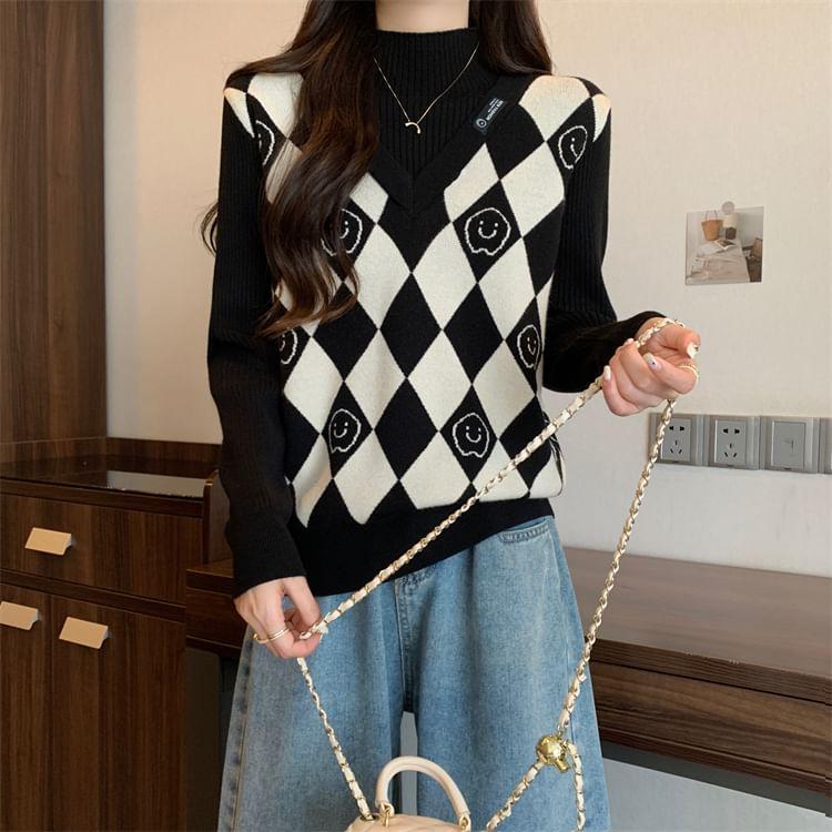 Long-Sleeve Mock Neck Mock Two-Piece Smiley Face Print Panel Knit Top Product Image