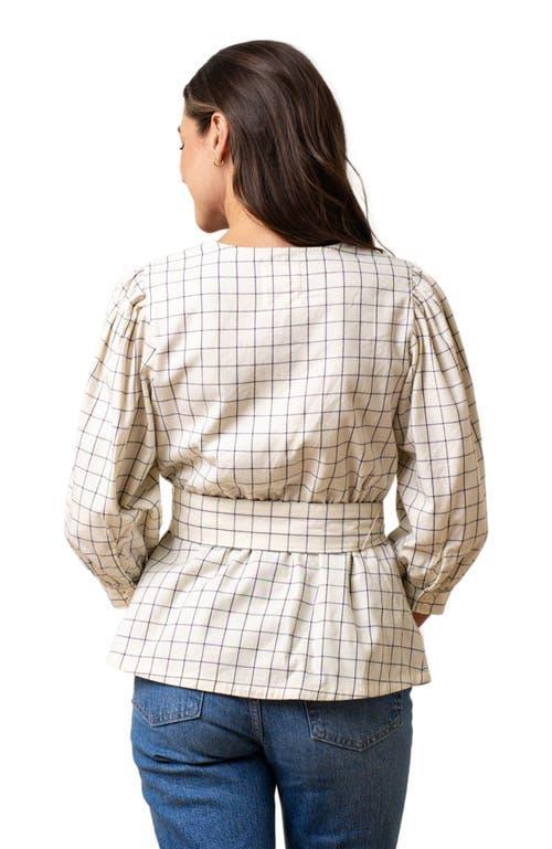 Hope & Henry Women's Puff Sleeve Wrap Top in Ivory And Navy Windowpane at Nordstrom, Size 4 Product Image