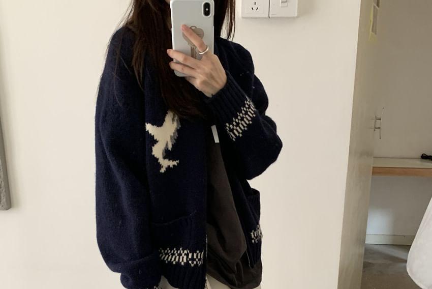 Collared Whale Patterned Zip Cardigan Product Image