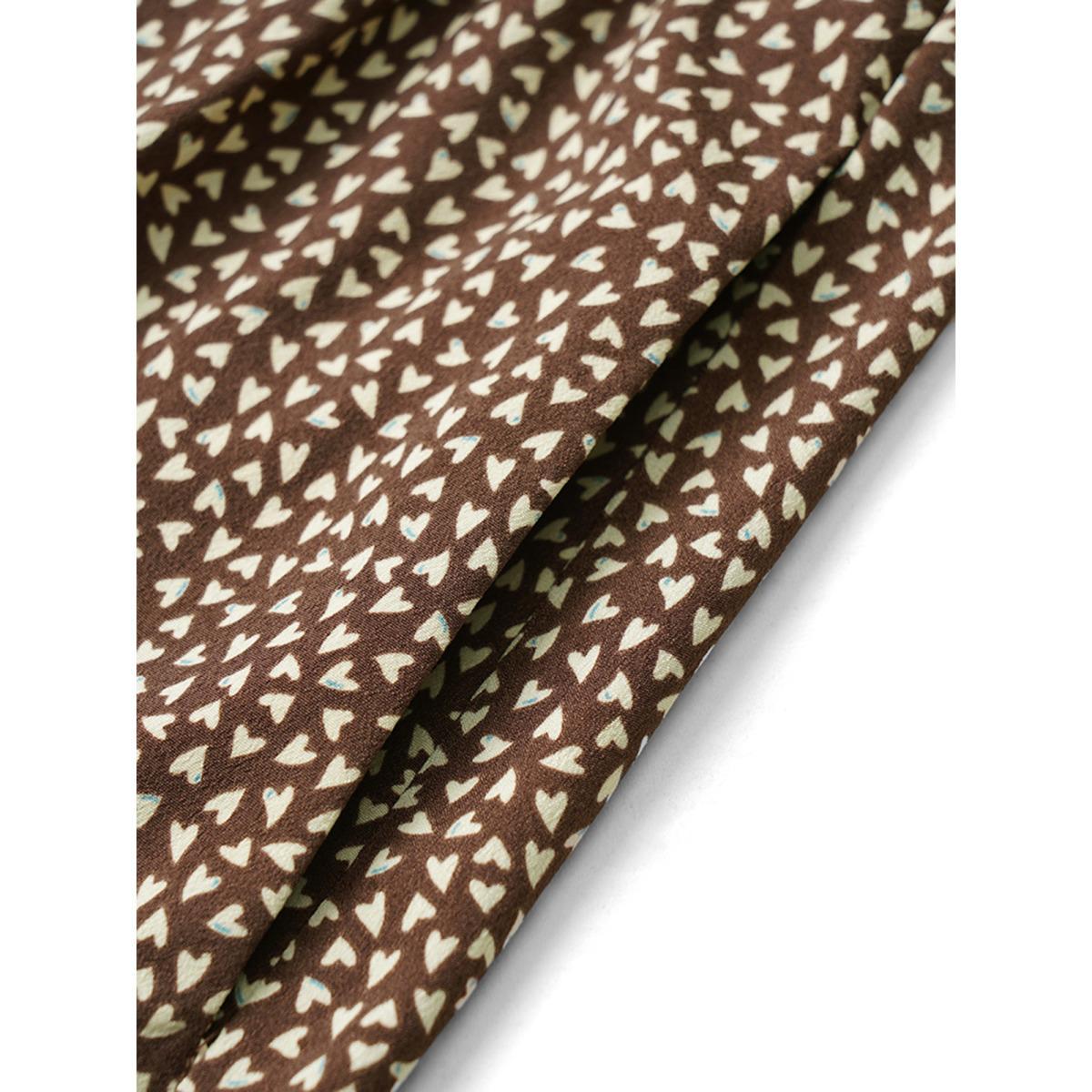 Plus Size Heart Print Lapel Collar Button Detail Knee Dress DarkBrown Women Casual Elastic cuffs Lapel Collar Elbow-length sleeve Curvy Knee Dress BloomChic 28/5X Product Image