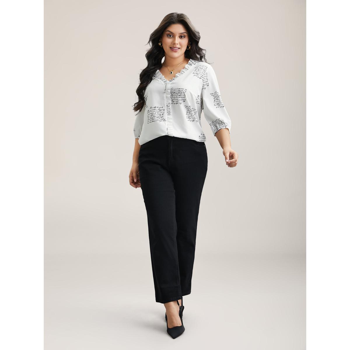 Plus Size Originalwhite Text Pattern Ruffled Lantern Sleeve Blouse Women At the Office Elbow-length sleeve V-neck Work Blouses BloomChic 30/6X Product Image