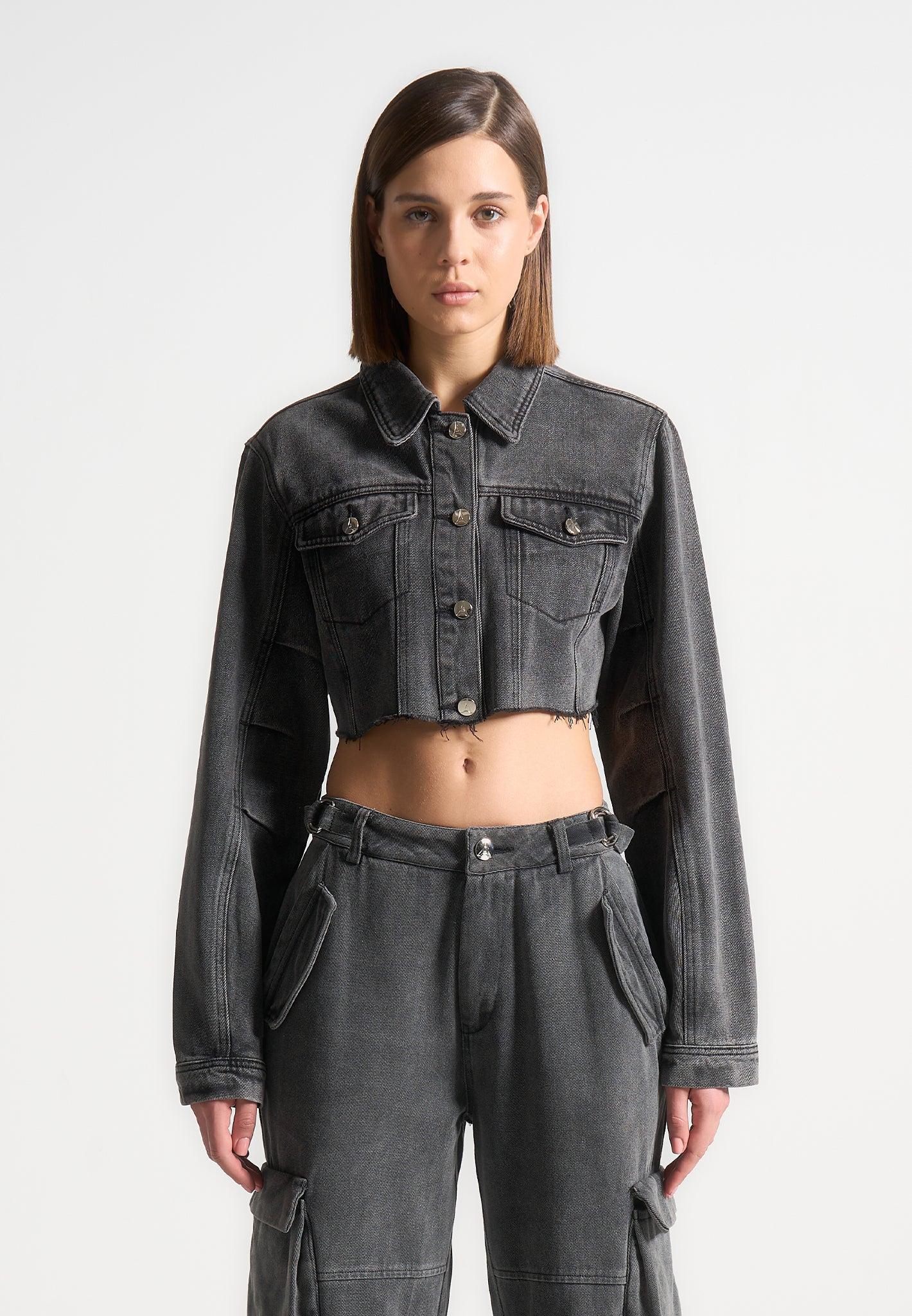 Cropped Tacked Sleeve Jacket - Washed Grey Female Product Image