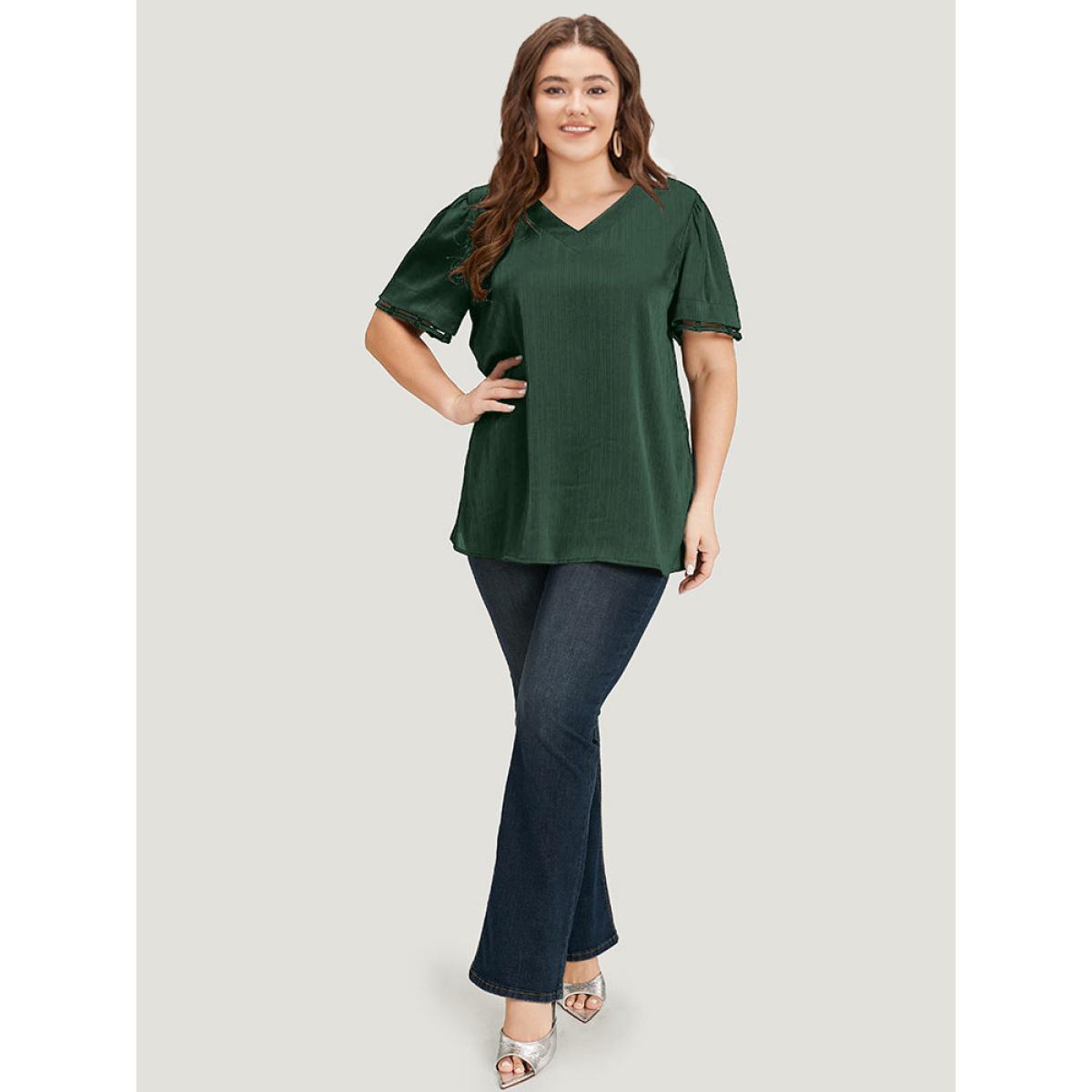 Plus Size DarkGreen Plain Cut Out V Neck Blouse Women Office Short sleeve V-neck Work Blouses BloomChic 26/4X Product Image