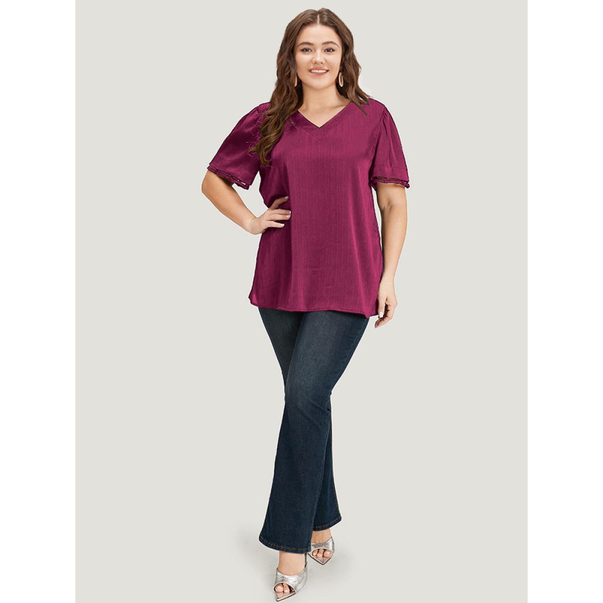Plus Size Purple Plain Cut Out V Neck Blouse Women Office Short sleeve V-neck Work Blouses BloomChic 22-24/3X Product Image