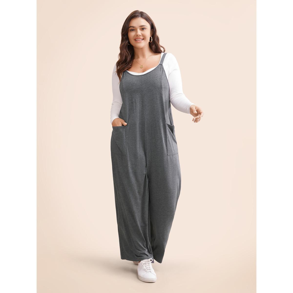 Plus Size DimGray Supersoft Essentials Solid Patched Pocket Overall Cami Jumpsuit Women Casual Sleeveless V-neck Dailywear Loose Jumpsuits BloomChic 26/4X Product Image