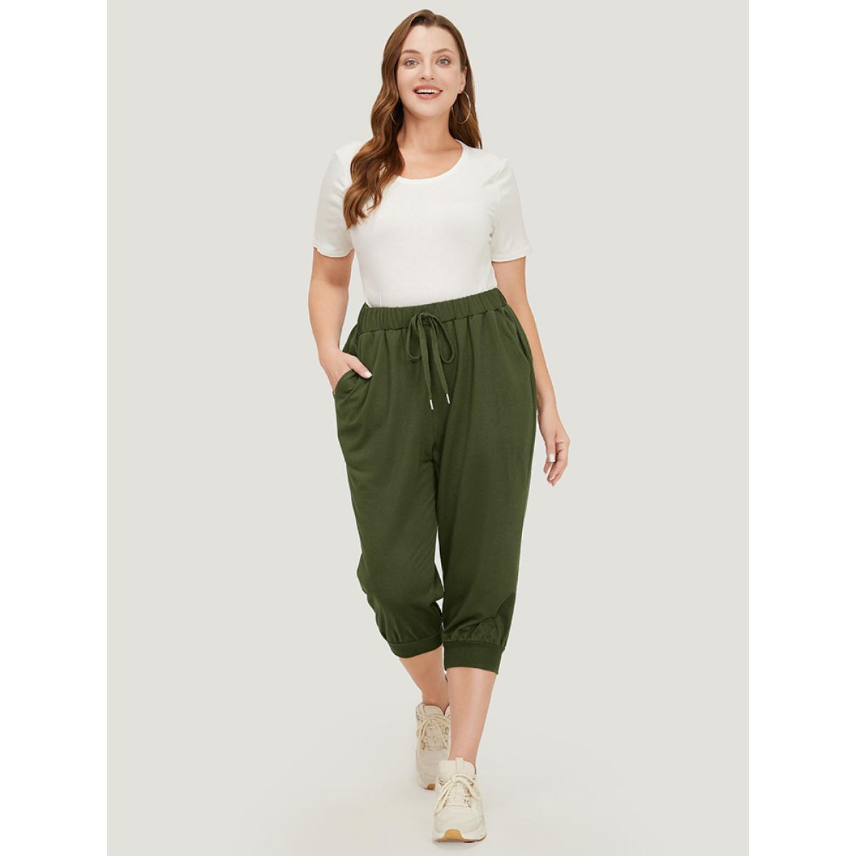 Plus Size Solid Knot Front Pocket Carrot Pants Women ArmyGreen Casual High Rise Dailywear Pants BloomChic 14-16/1X Product Image
