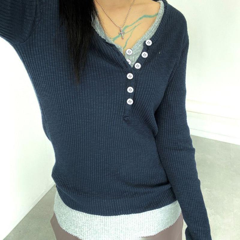 Long Sleeve V-Neck Mock Two Piece Tee Product Image
