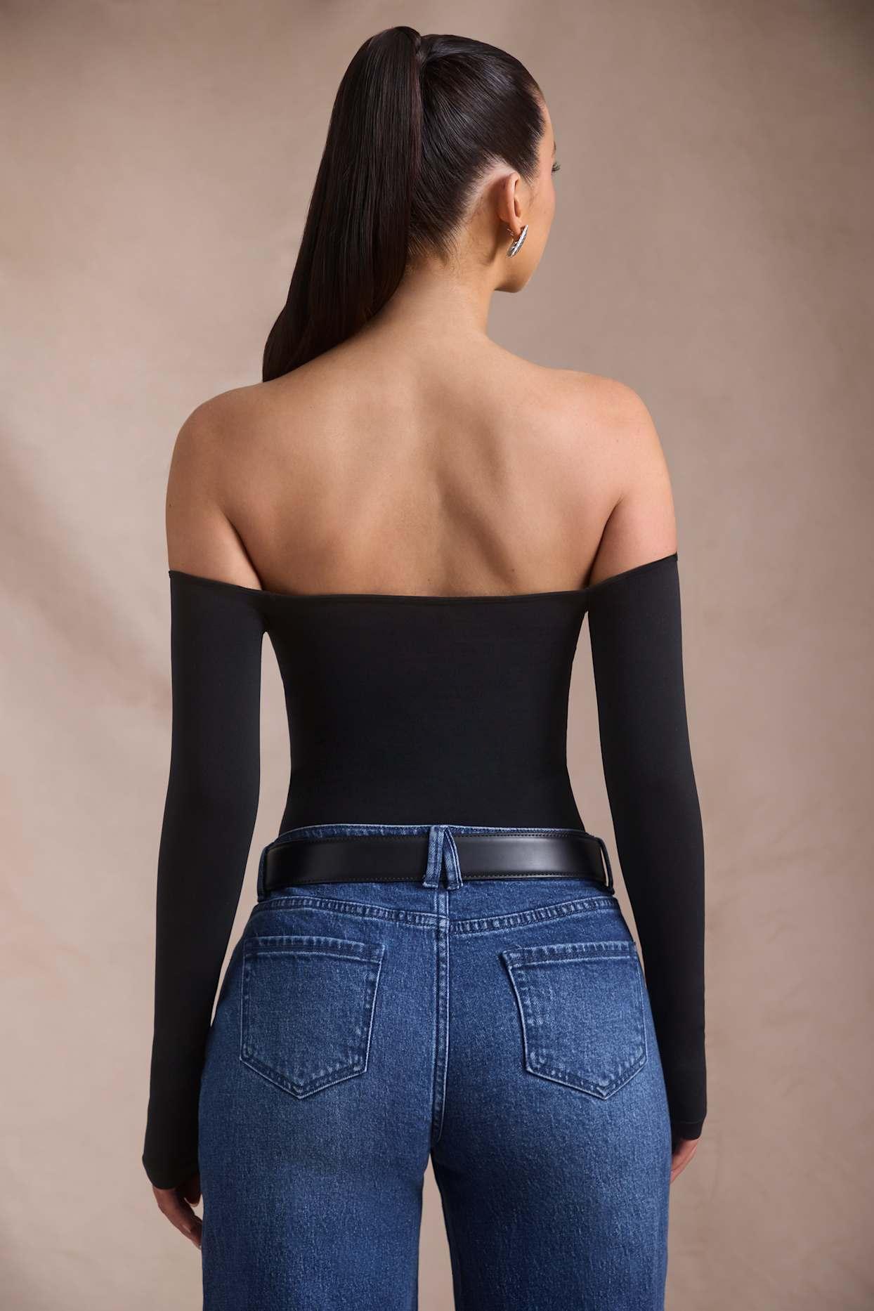 Seamless Off-Shoulder Long-Sleeve Bodysuit in Black Product Image