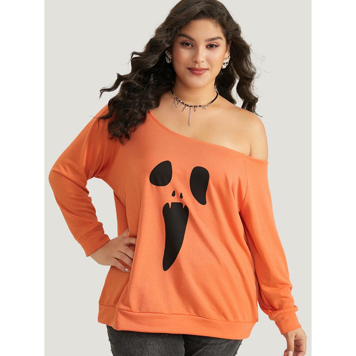 Plus Size Halloween Print One Shoulder Raglan Sleeve Sweatshirt Women OrangeRed Casual Printed Festival-Halloween Sweatshirts BloomChic 18-20/2X Product Image