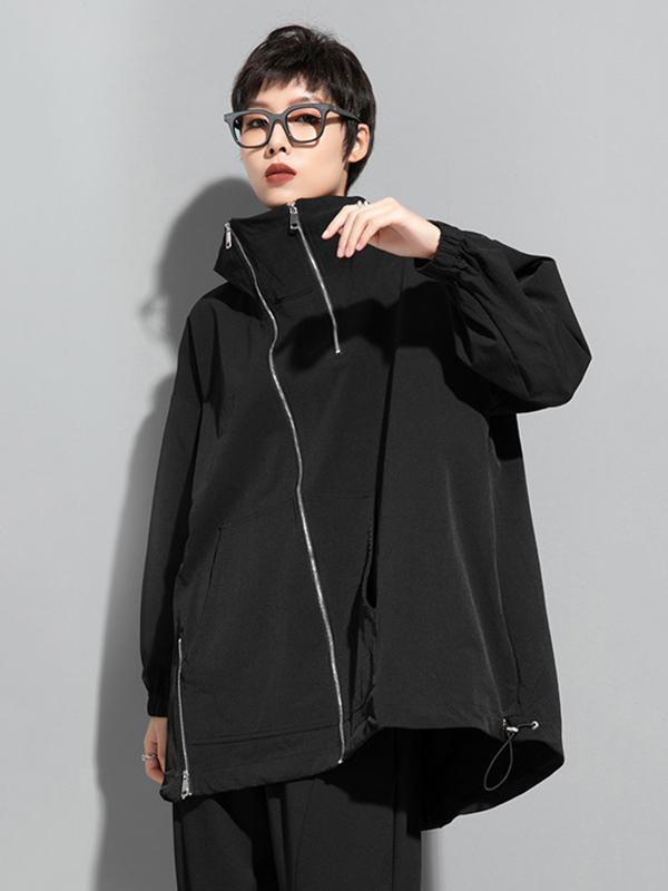 Fashion Irregularity Loose Solid Color Zipper Hooded Outerwear Product Image