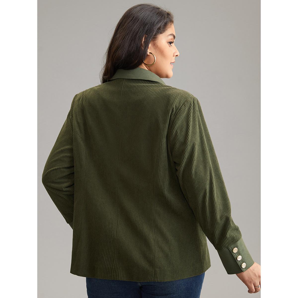 Plus Size Corduroy Patchwork Suit Collar Metal Detail Blazer ArmyGreen Women Dailywear Plain Texture Sleeve Long Sleeve Suit Collar 12/L Pocket Casual Blazers BloomChic Product Image