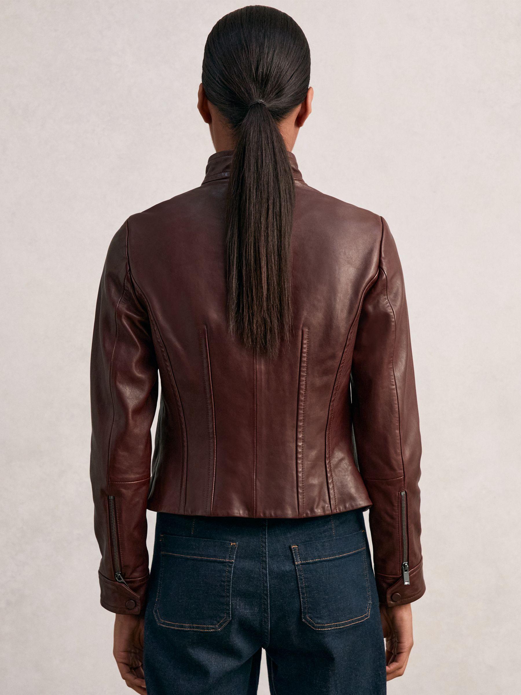Fitted Leather Biker Jacket in Burgundy Product Image