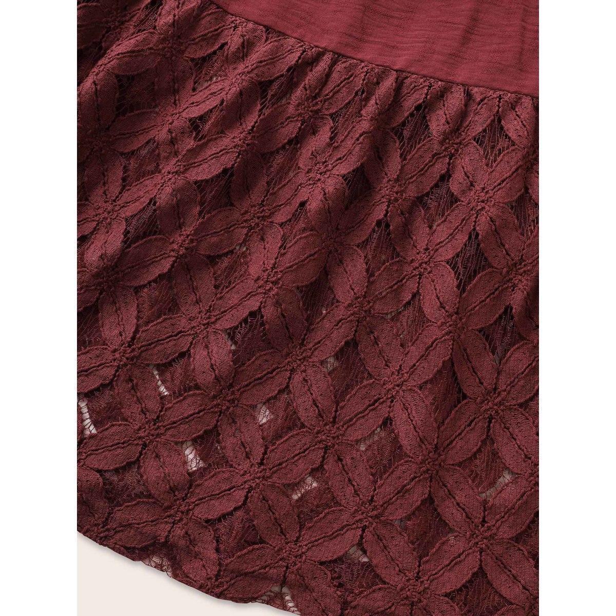 Plus Size Crochet Lace Mesh Button Detail Drawstring Dress Burgundy Women Resort Tie knot V-neck Half Sleeve Curvy Midi Dress BloomChic 14-16/1X Product Image