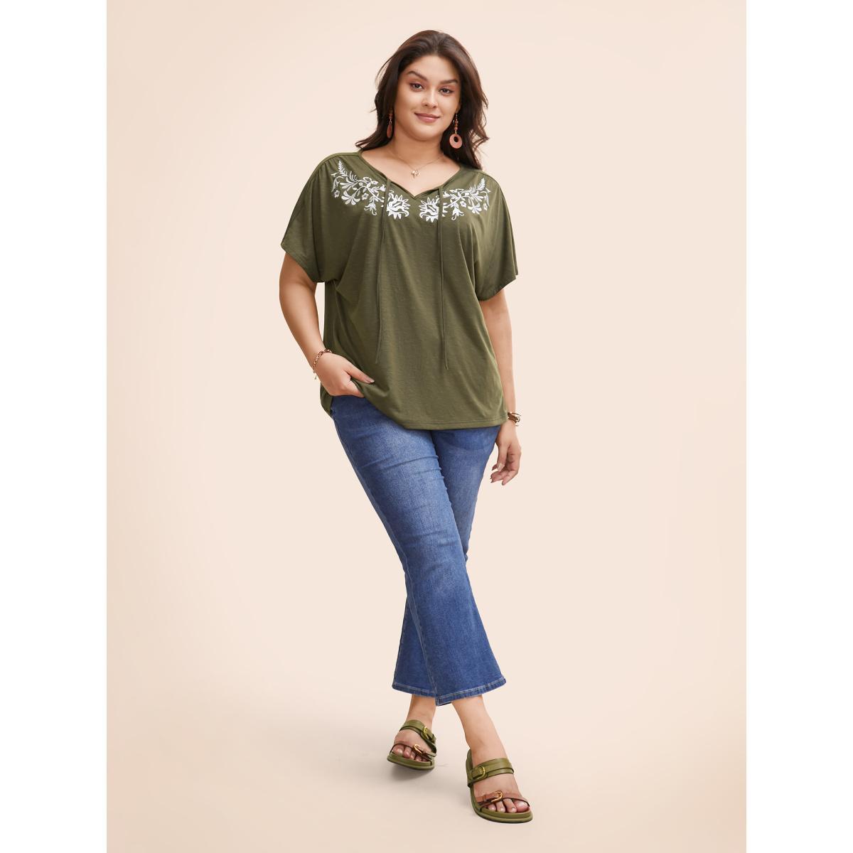 Plus Size Floral Embroidered Tie Knot Dolman Sleeve T-shirt ArmyGreen Women Resort Tie knot Art&design V-neck Vacation T-shirts BloomChic 18-20/2X Product Image