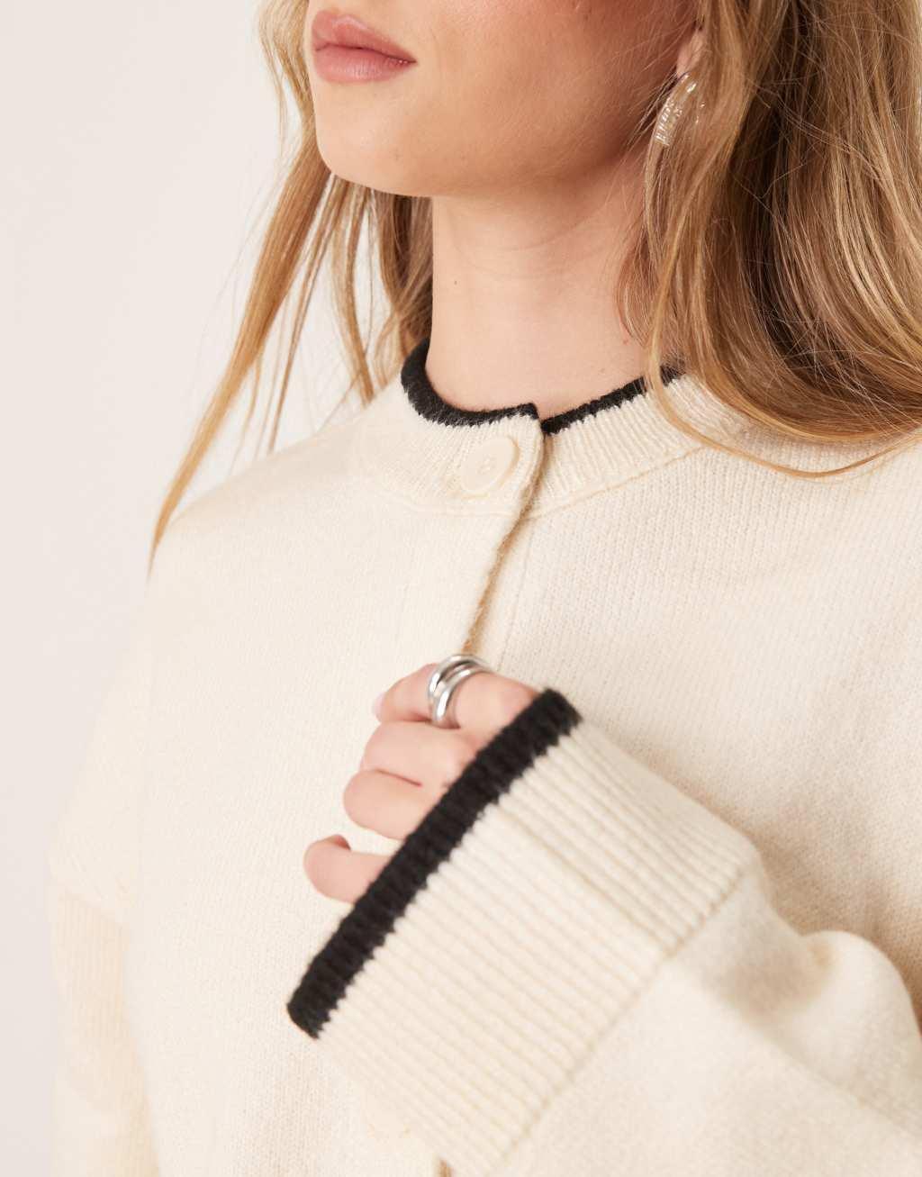 ASOS DESIGN knitted crew neck cardigan with tipping detail in cream Product Image