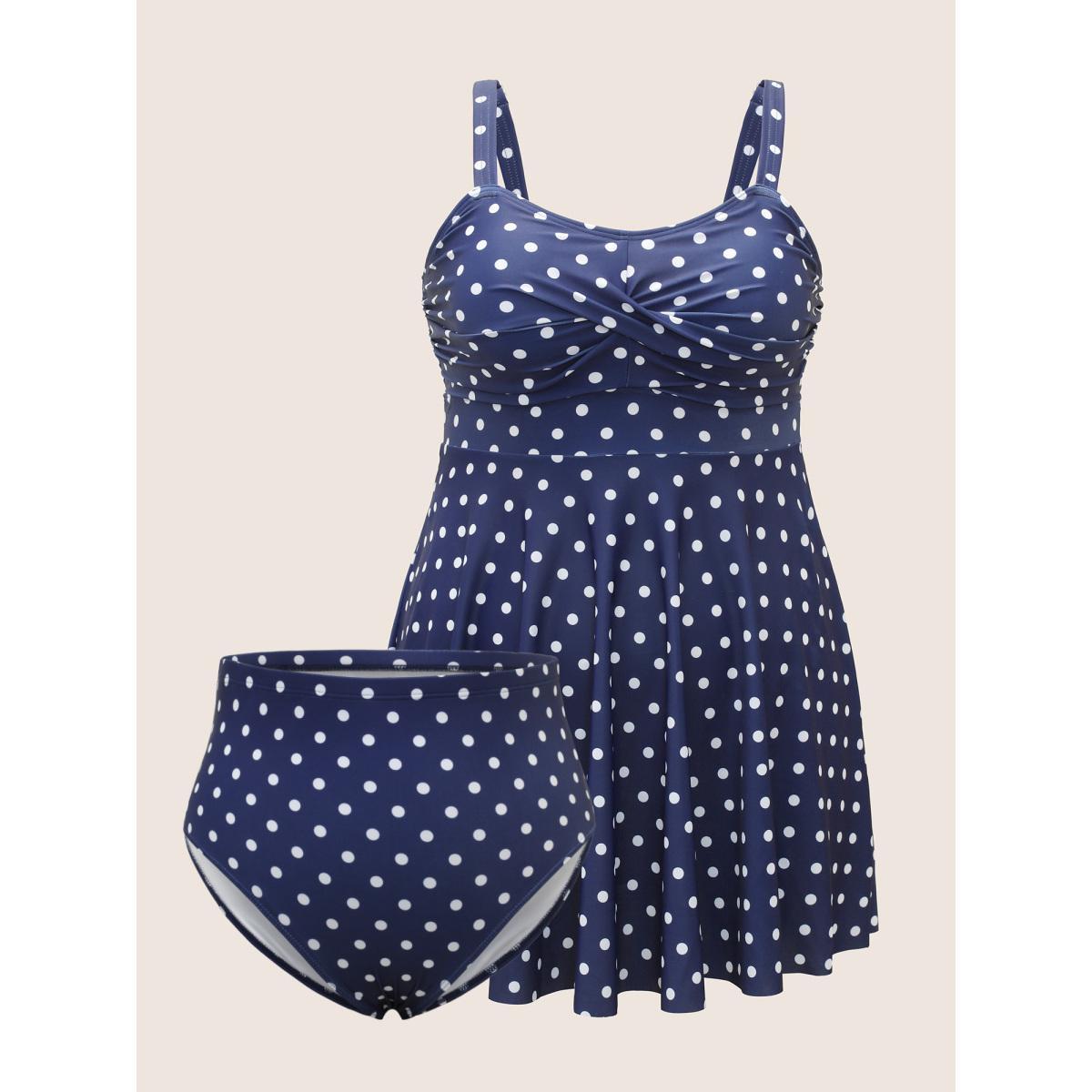 Plus Size Polka Dot Ruched Fit Flare Swim Dress Women's Swimwear Indigo Beach Bodycon Strapless High stretch Curve Swim Dresses BloomChic 30/6X Product Image