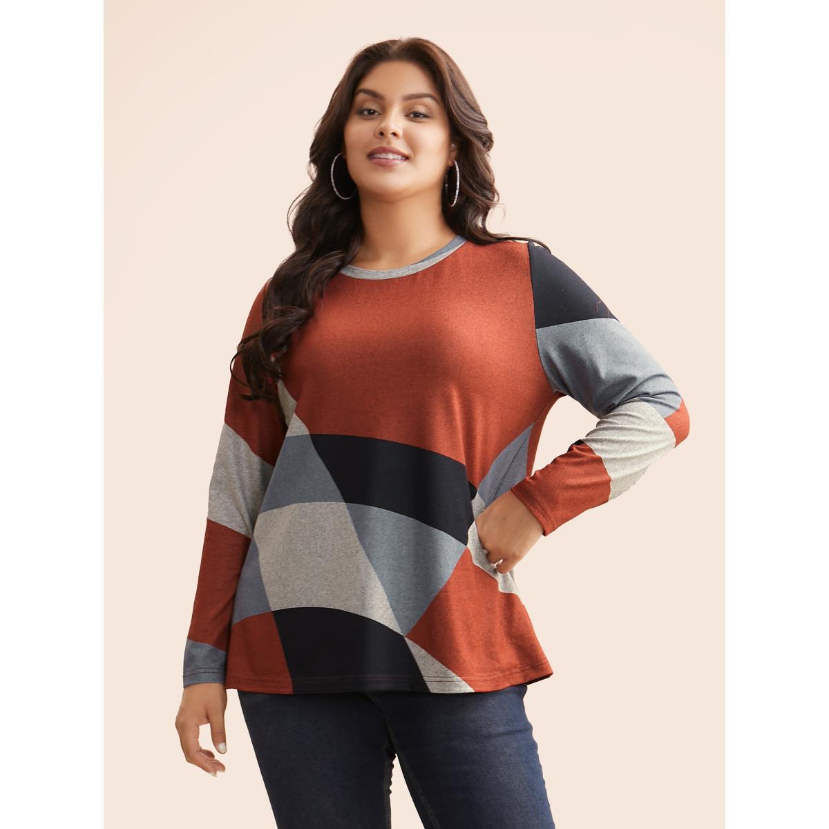 Plus Size Round Neck Colorblock Contrast T-shirt Multicolor Women Casual Contrast Non Everyday T-shirts BloomChic 12/L Product Image