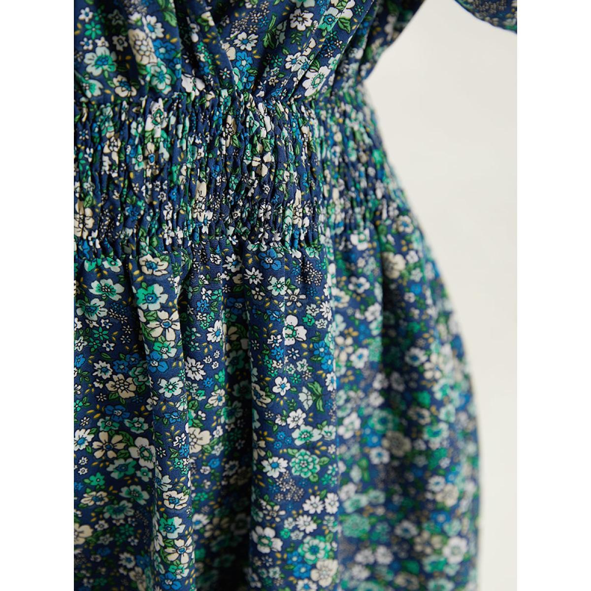 Plus Size Ditsy Floral Wrap Shirred Pocket Lantern Sleeve Dress Indigo Women Elegant Elastic cuffs V-neck Long Sleeve Curvy Midi Dress BloomChic 10/M Product Image