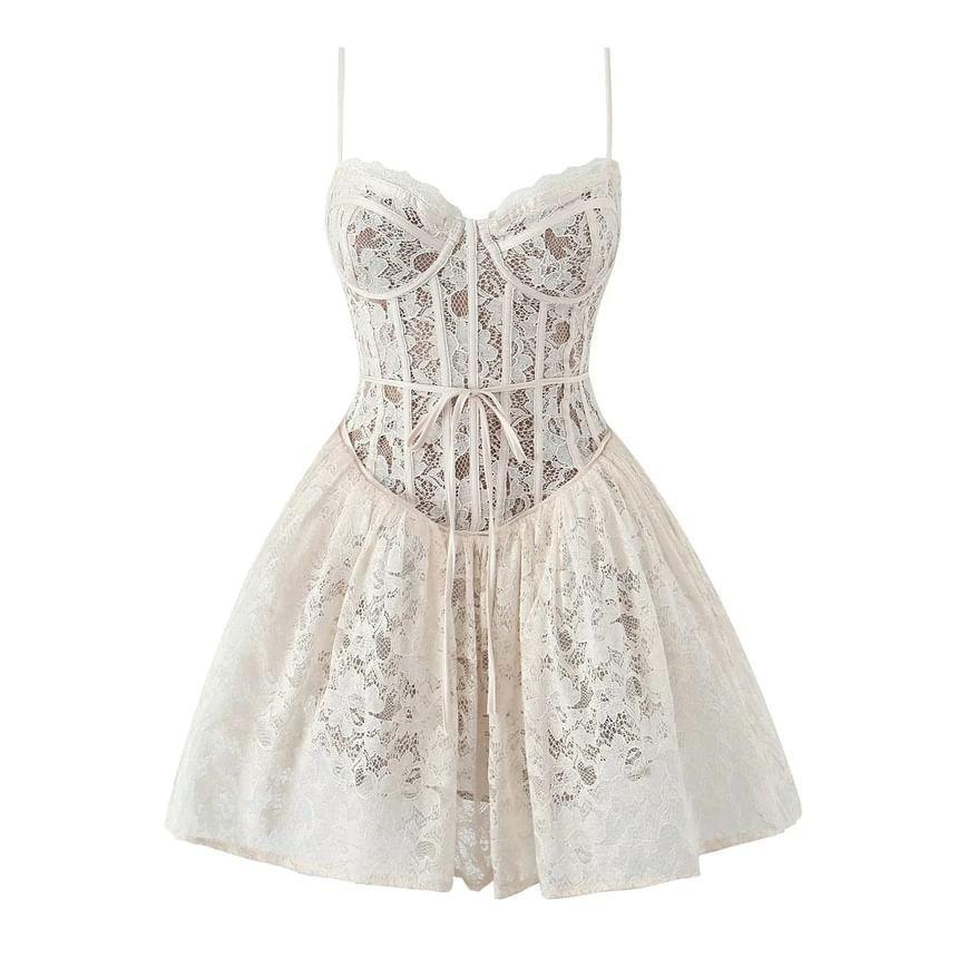 Spaghetti Strap Plain Tie-Waist Lace Mini A-Line Dress Product Image