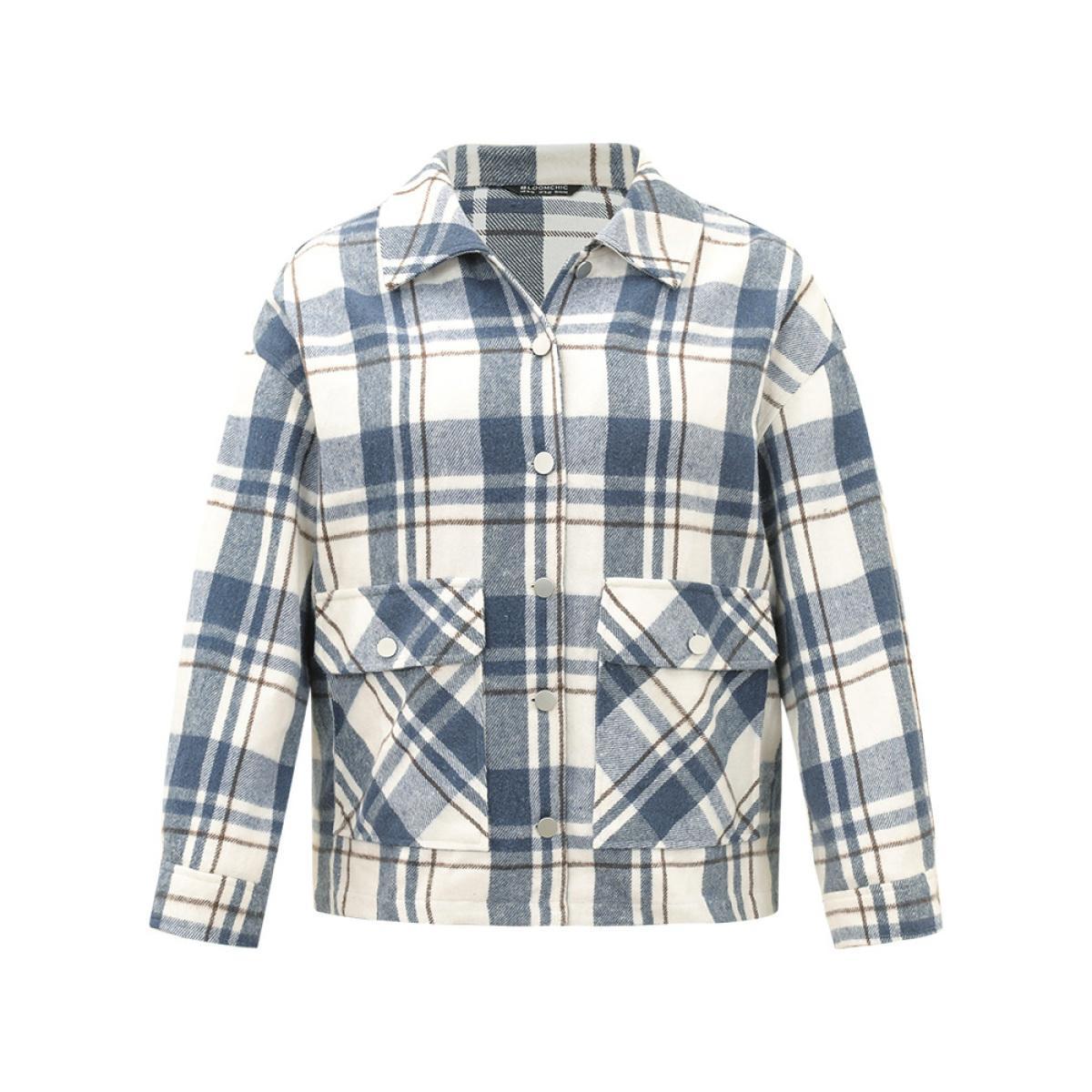 Plus Size Plaid Lapel Collar Metal Detail Pocket Shacket Women DarkBlue Casual Contrast Ladies Everyday Winter Coats BloomChic 10/M Product Image