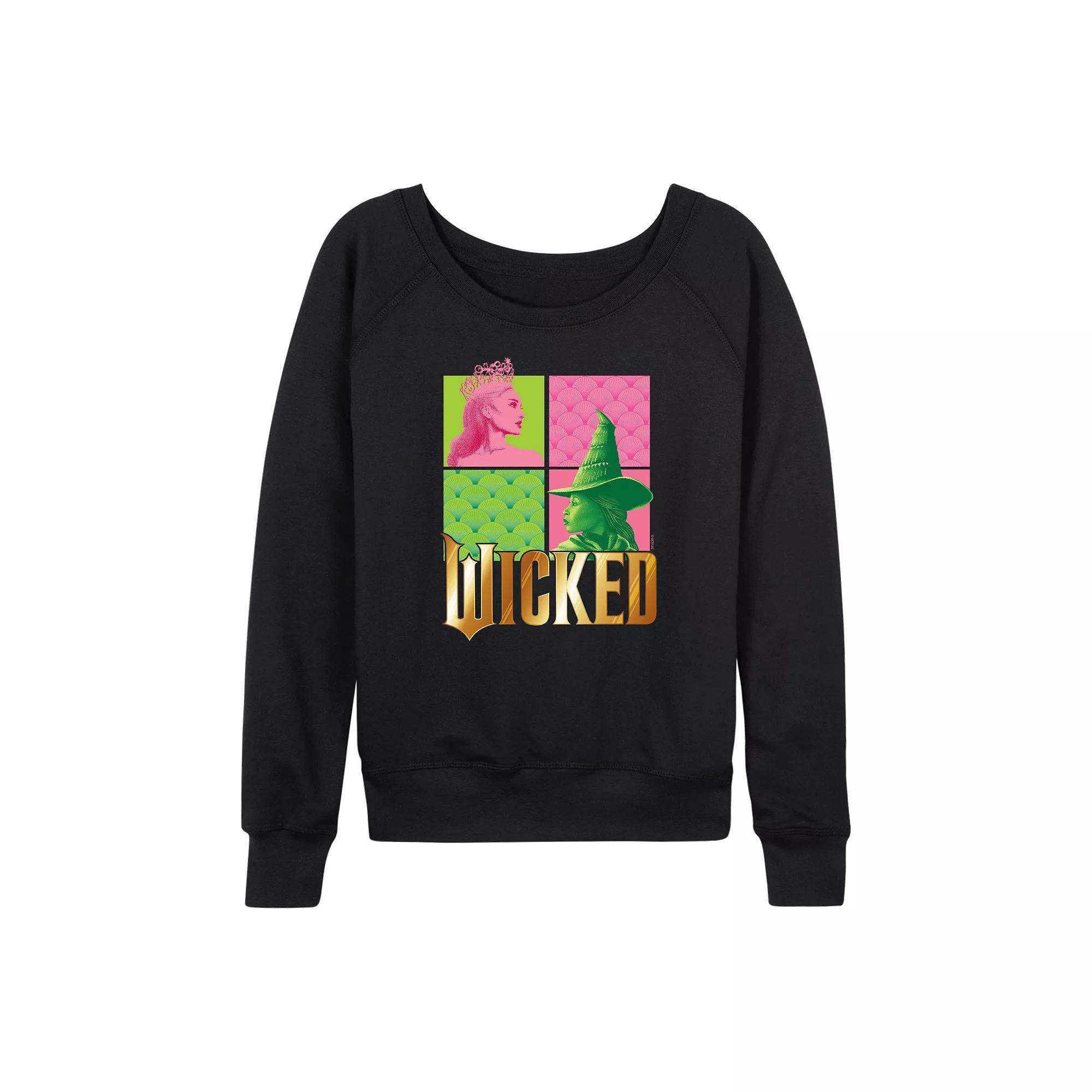Women's Wicked Glinda & Elphaba Grid French Terry Long Sleeve Tee, Size: Large, Black Product Image