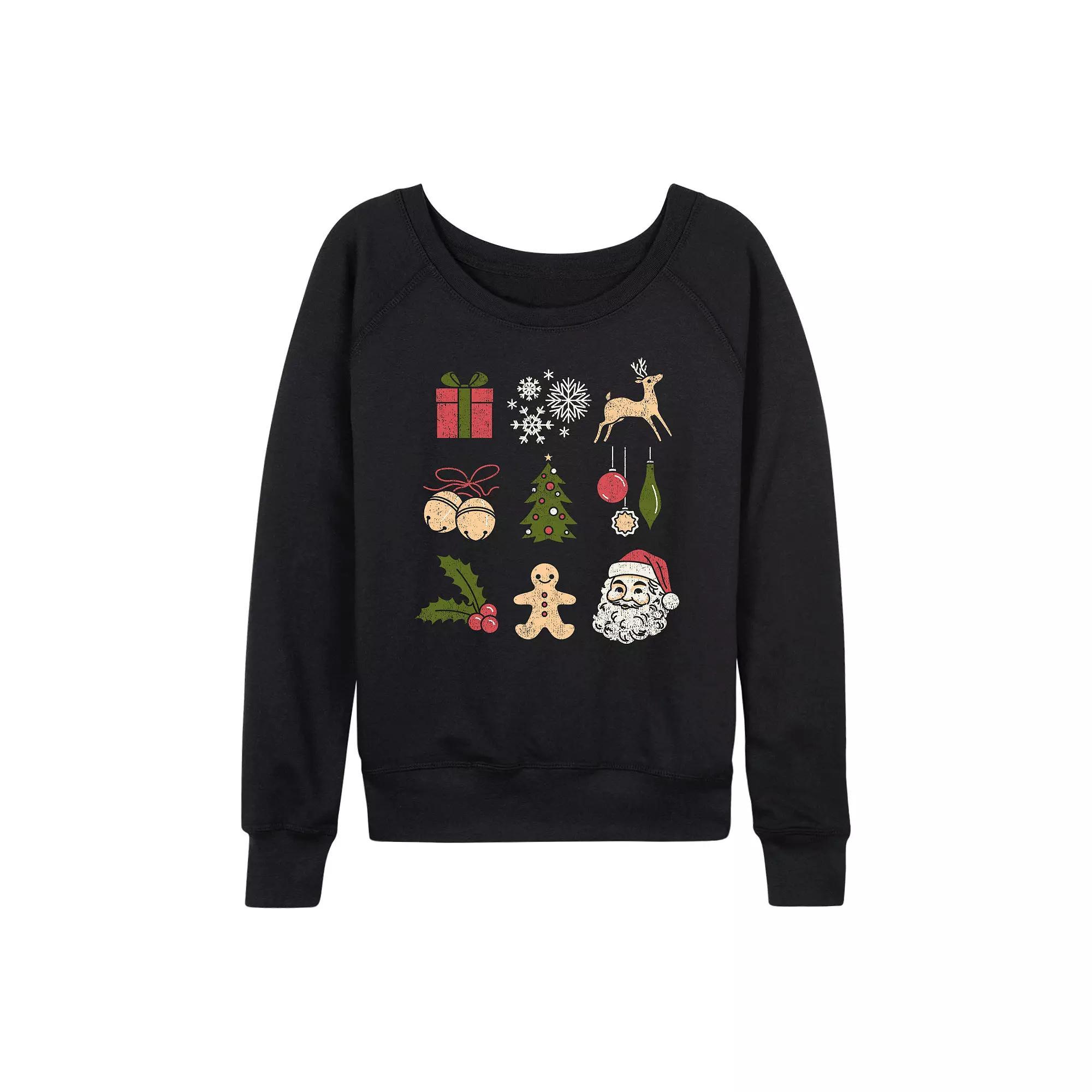 Women's Christmas Icon Grid French Terry Long Sleeve Tee, Size: XL, Black Product Image