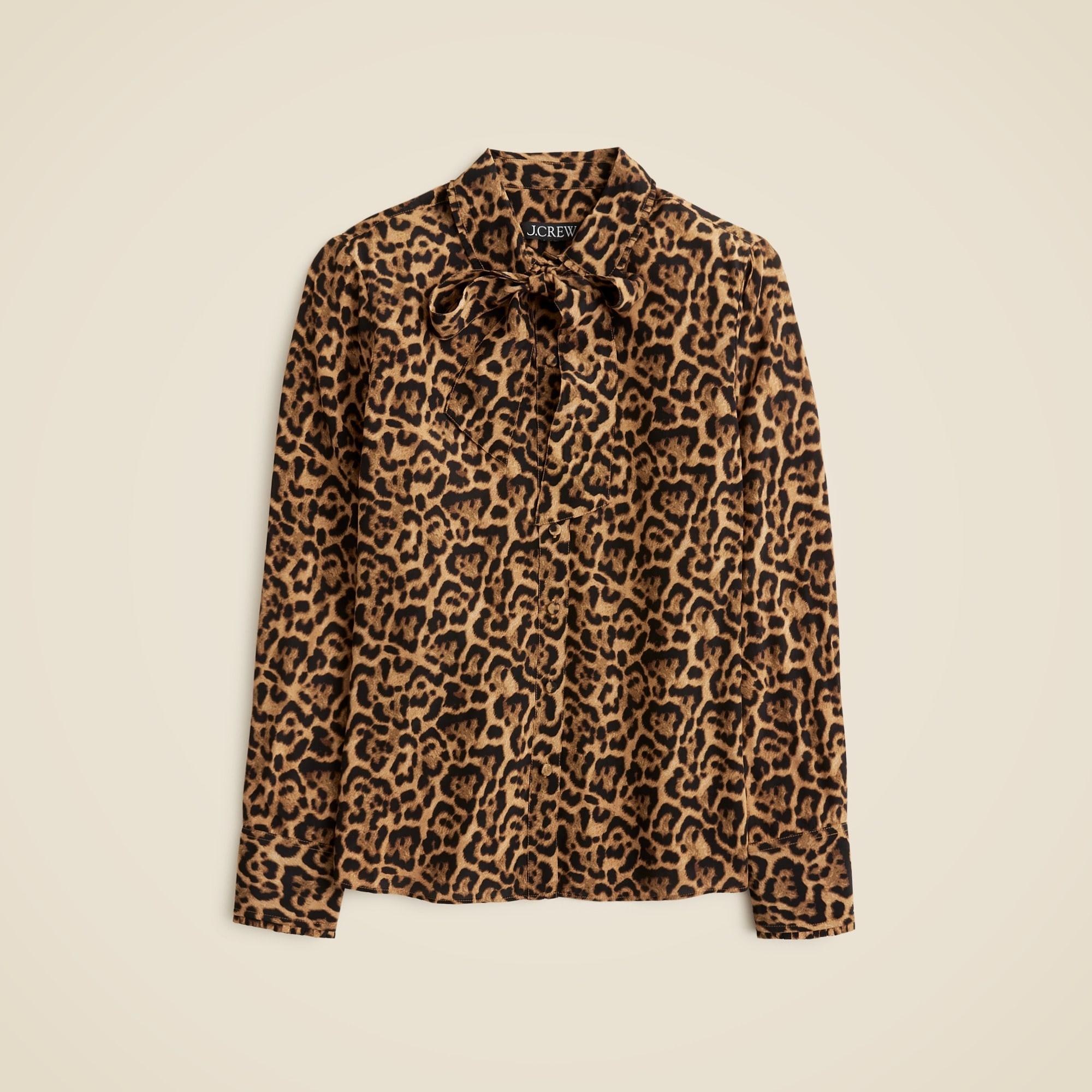 Removable tie-neck button-up shirt in leopard crepe de chine Product Image