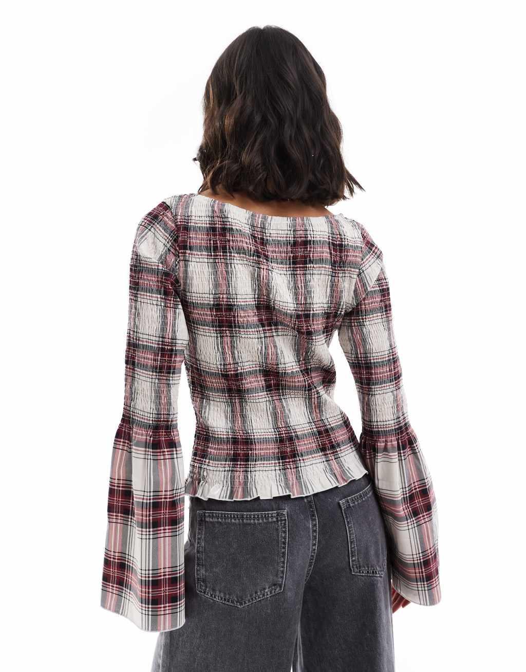 ASOS DESIGN poplin shirred angel sleeve top in red check Product Image