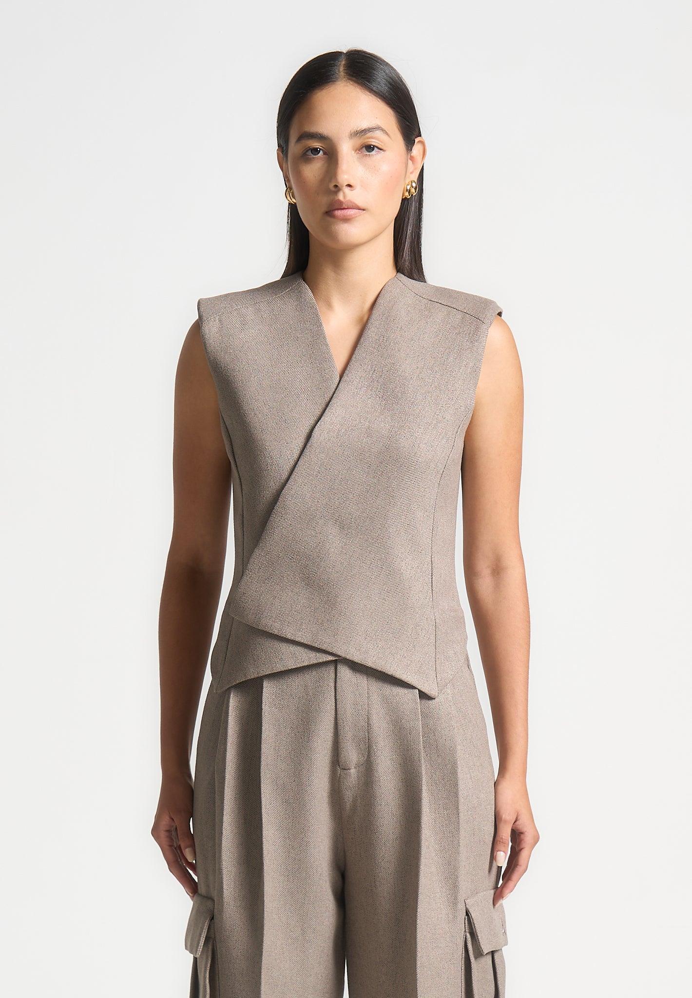 Textured Tailored Wrap Waistcoat - Taupe Female Product Image
