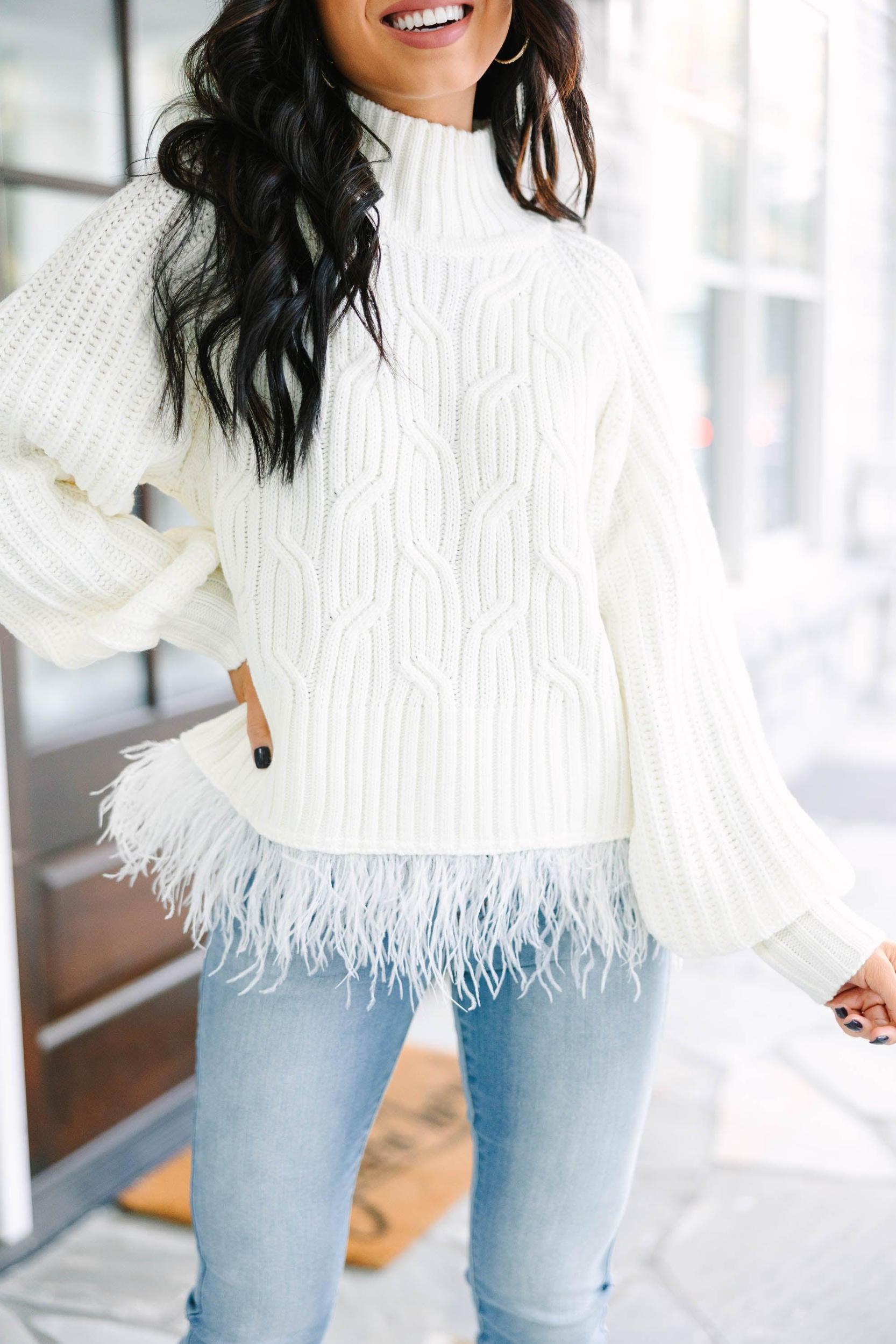 What's Going On Cream White Feather Trim Sweater Female Product Image
