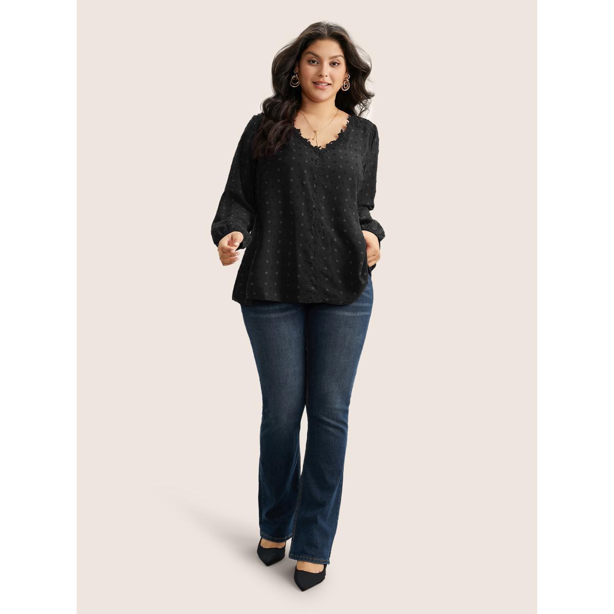 Plus Size Black Plisse Eyelet Lace Elastic Cuffs Blouse Women Elegant Long Sleeve V-neck Everyday Blouses BloomChic 30/6X Product Image