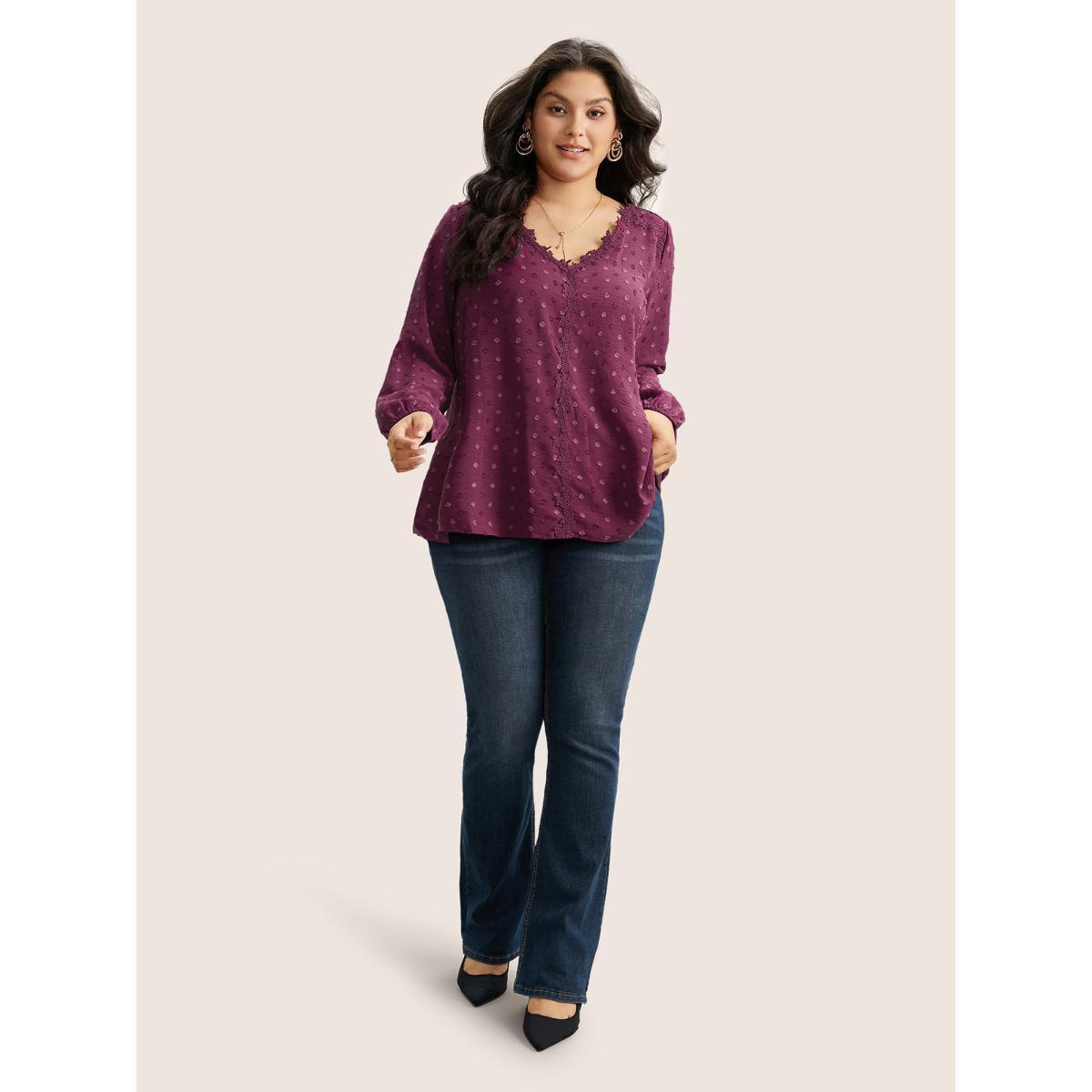 Plus Size Purple Plisse Eyelet Lace Elastic Cuffs Blouse Women Elegant Long Sleeve V-neck Everyday Blouses BloomChic 18-20/2X Product Image
