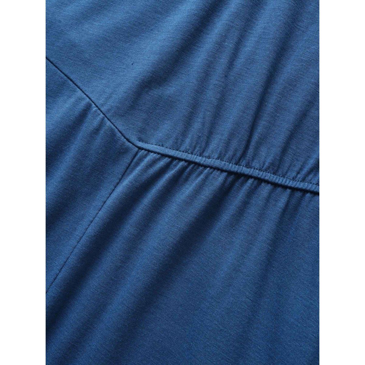 Plus Size Solid Crew Neck Asymmetrical Hem Dress Mediumblue Women Elegant Gathered Round Neck Cap Sleeve Curvy BloomChic 26/4X Product Image