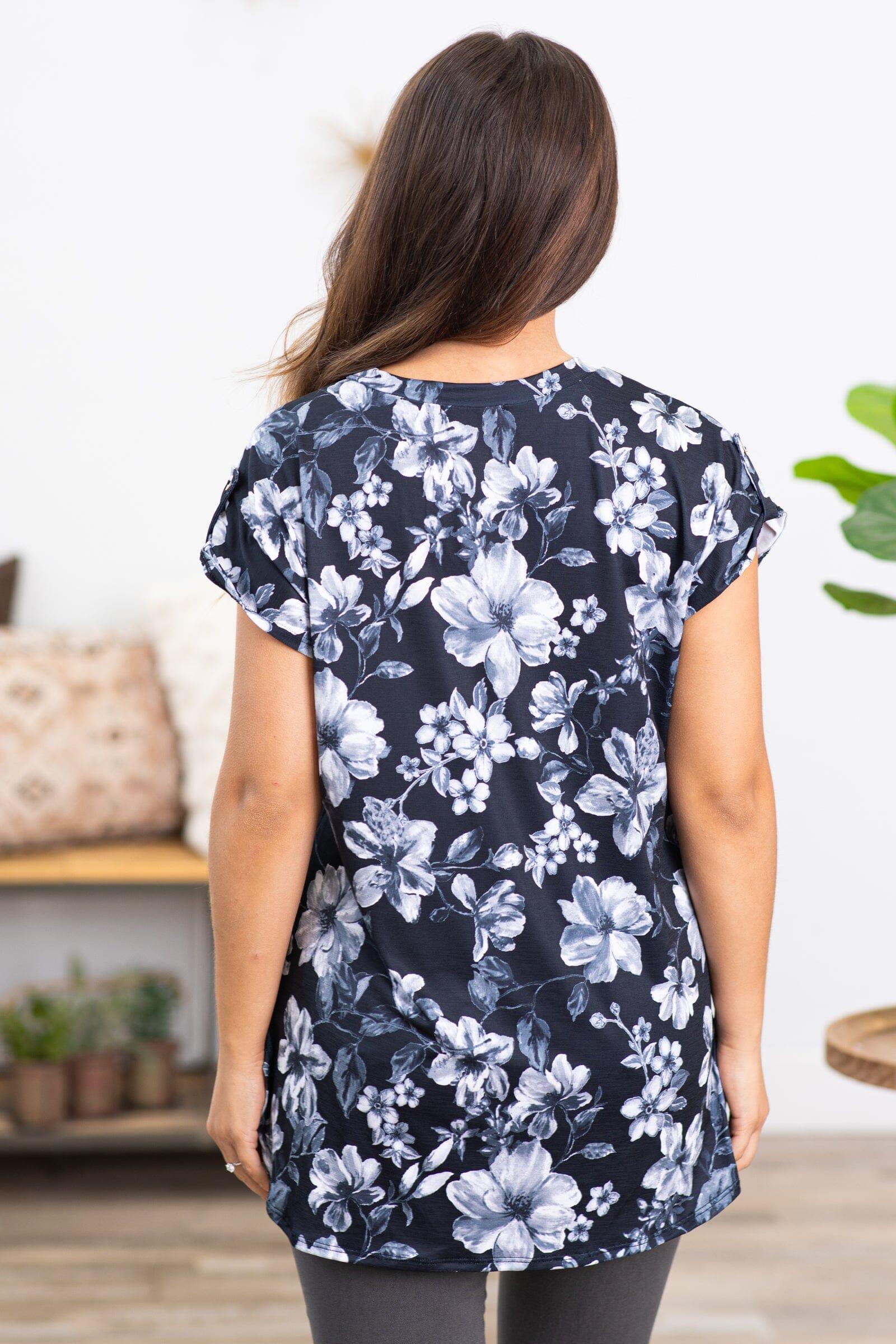 Black and Grey Floral Print V-Neck Top Product Image