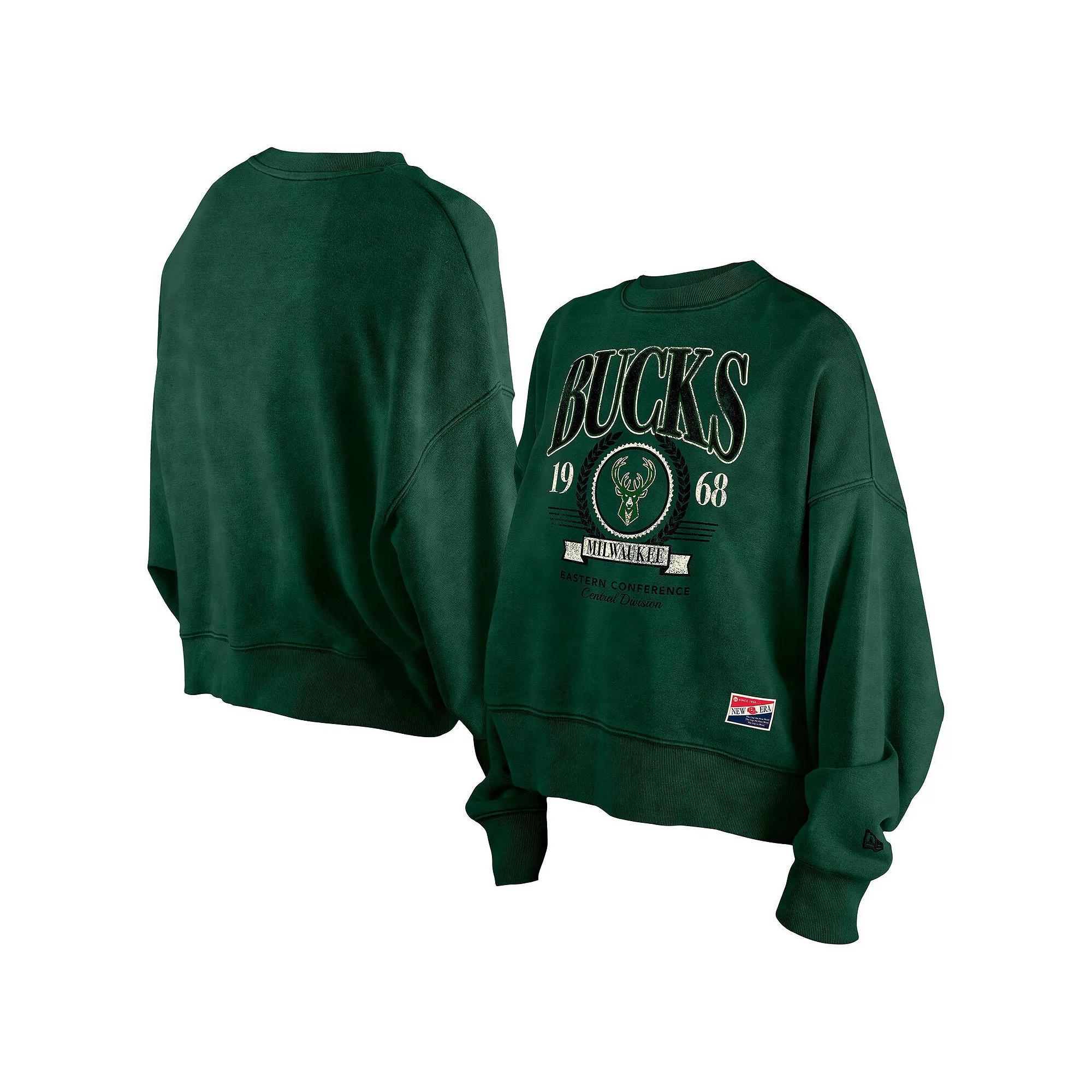 Women's New Era  Hunter Green Milwaukee Bucks Hardwood Classics Enzyme Wash Oversized Boxy Pullover Sweatshirt, Size: Small, Team Product Image