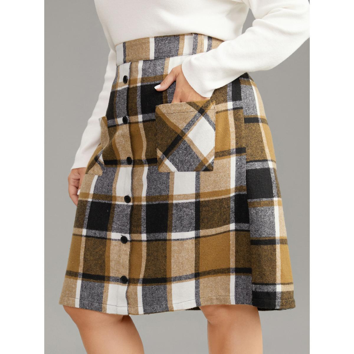 Plus Size Plaid Button Detail Patched Pocket Skirt Women Tan Office Elastic Waist Bodycon No stretch Pocket Work Skirts BloomChic 14-16/1X Product Image