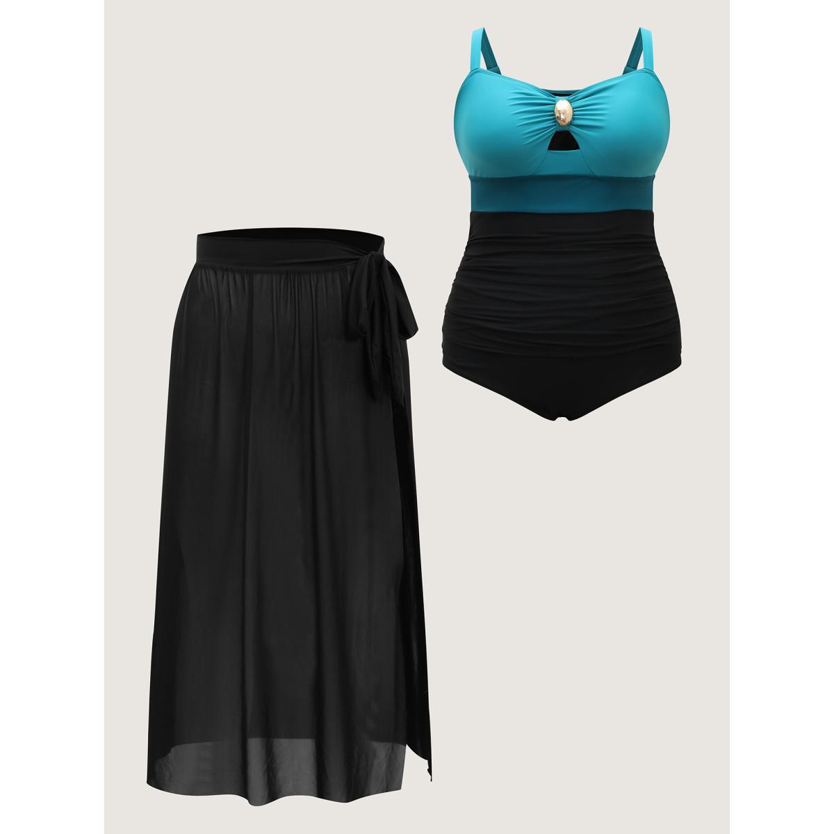 Plus Size Two-Piece Contrast Sheer Sarong Swimsuit Women's Swimwear Teal Beach Contrast Curve Bathing Suits High stretch One Pieces BloomChic 18-20/2X Product Image
