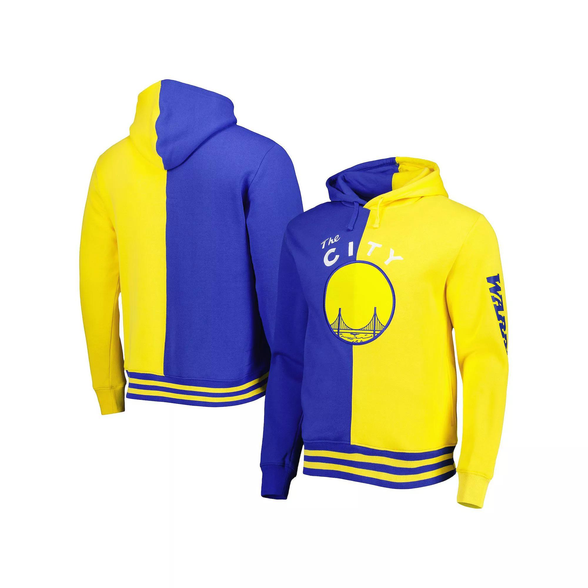 Men's Mitchell & Ness Royal/Gold Golden State Warriors Hardwood Classics Split Pullover Hoodie, Size: 3XL, Blue Product Image
