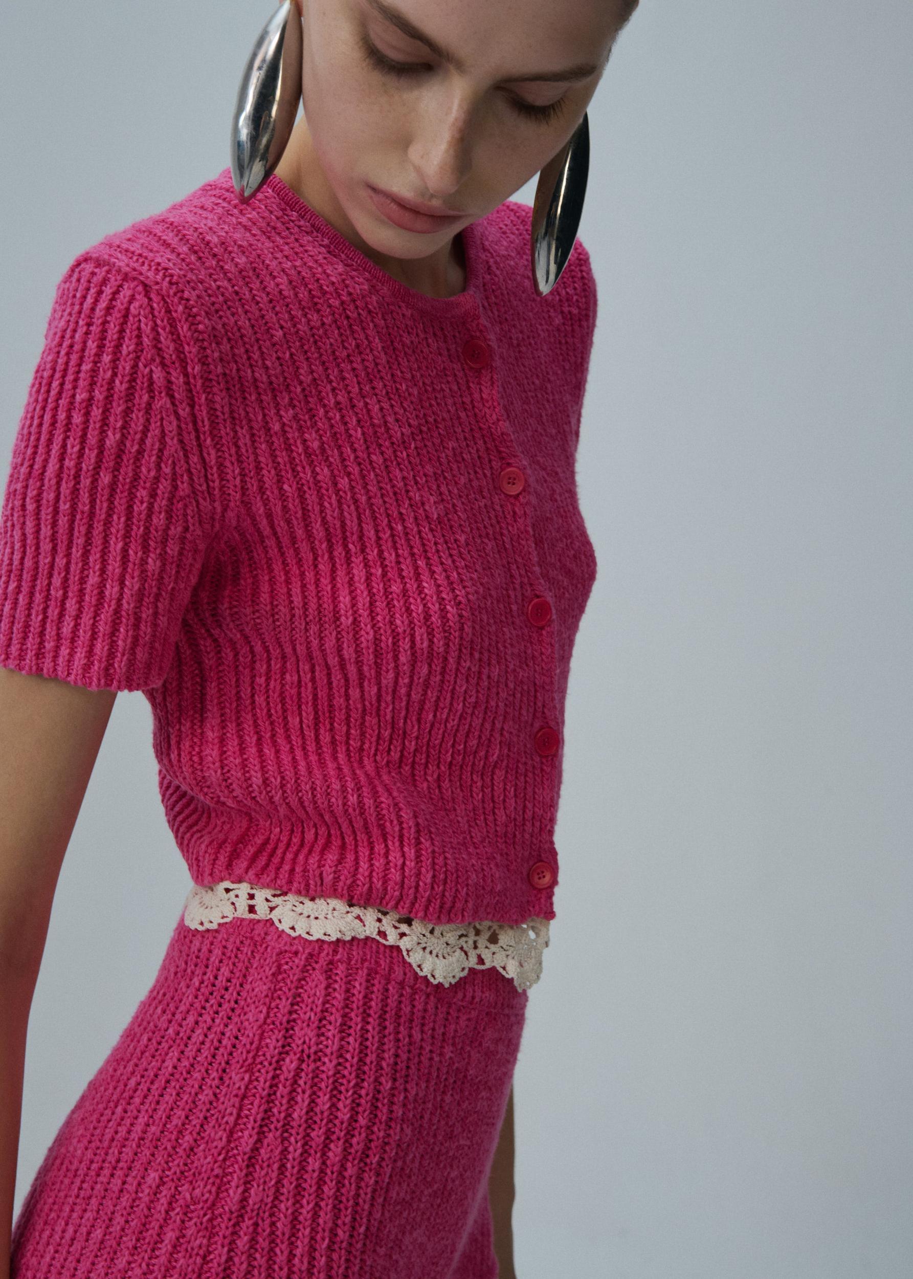 Lace detail short sleeve cardigan in pink Product Image